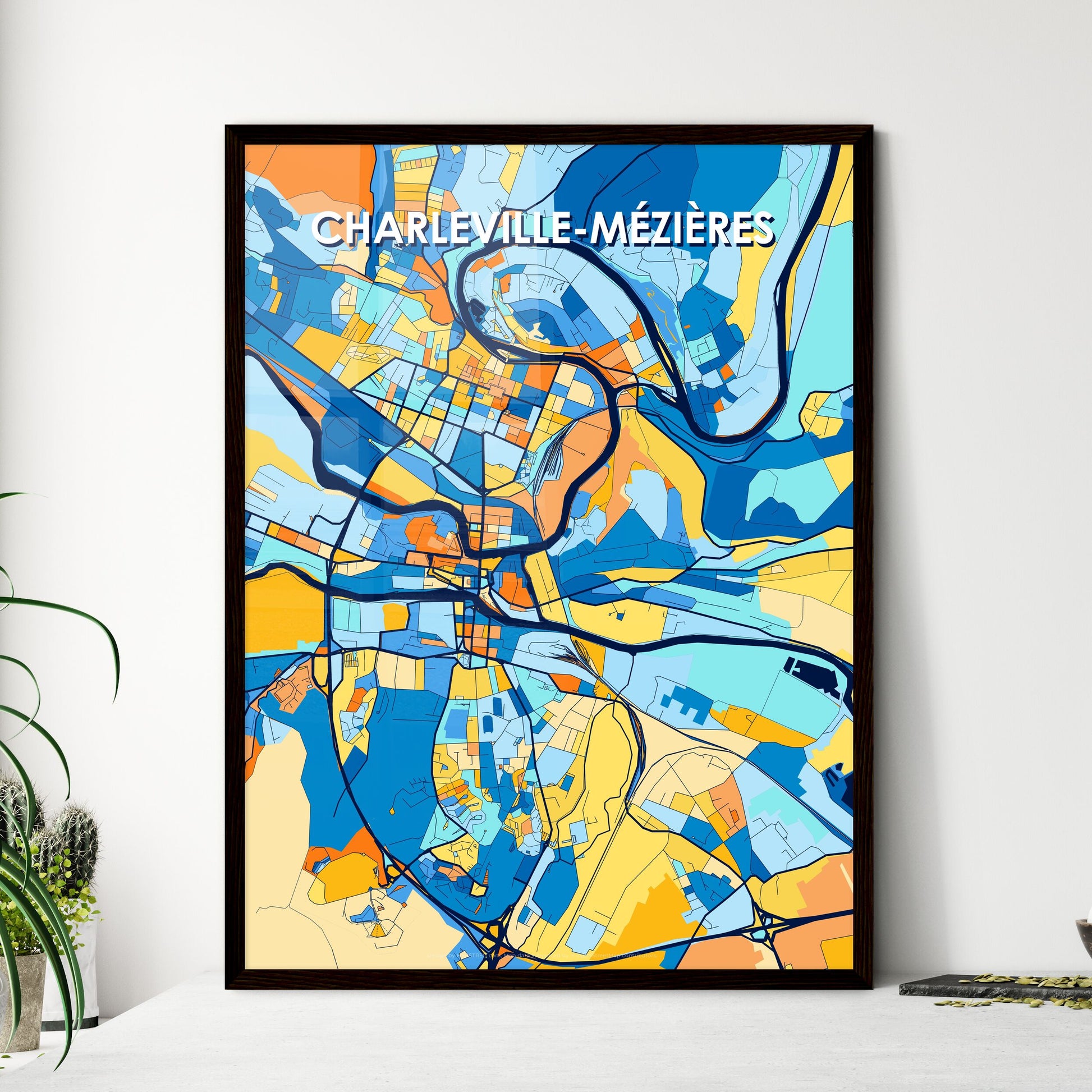 CHARLEVILLE-MÉZIÈRES FRANCE Vibrant Colorful Art Map Poster Blue Orange