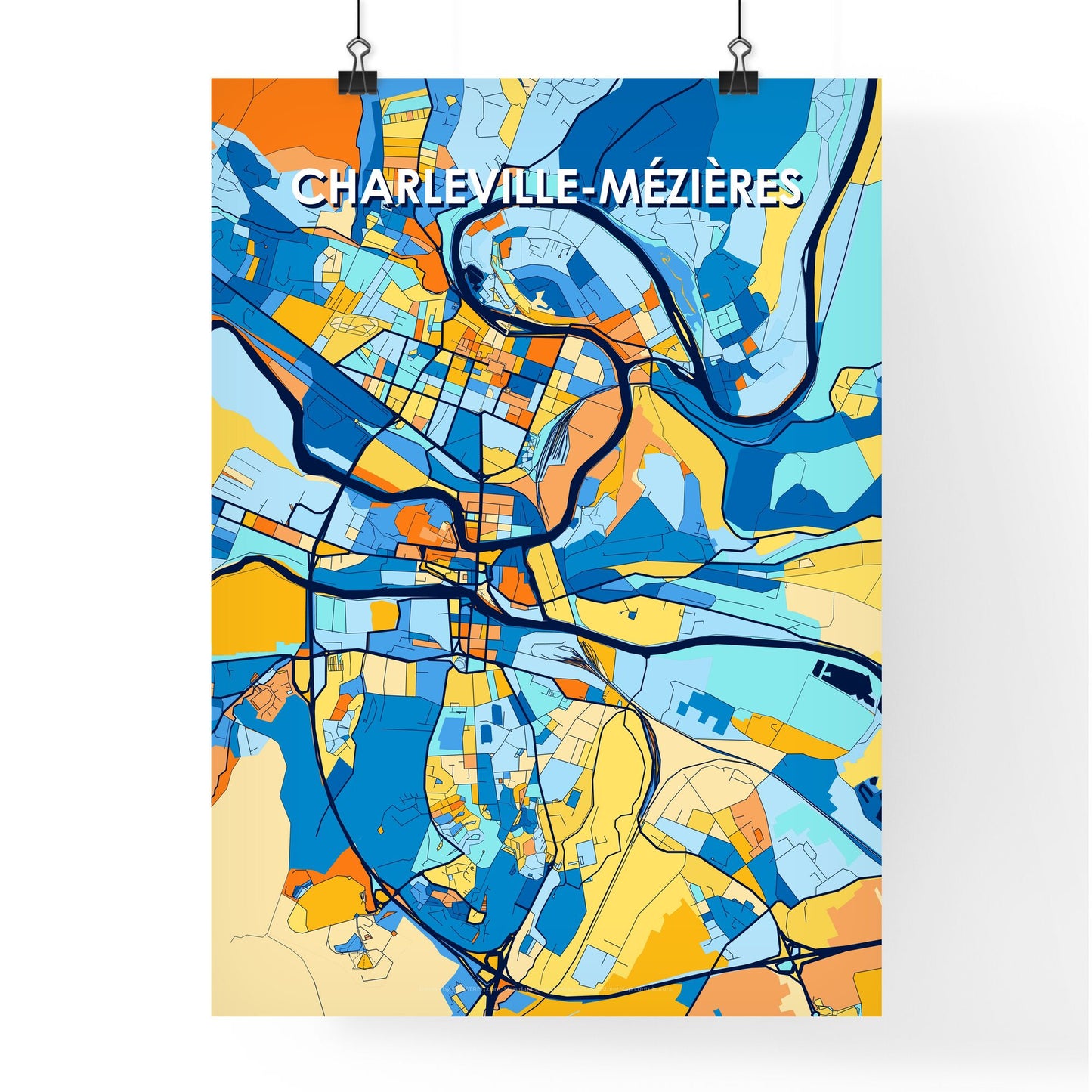 CHARLEVILLE-MÉZIÈRES FRANCE Vibrant Colorful Art Map Poster Blue Orange