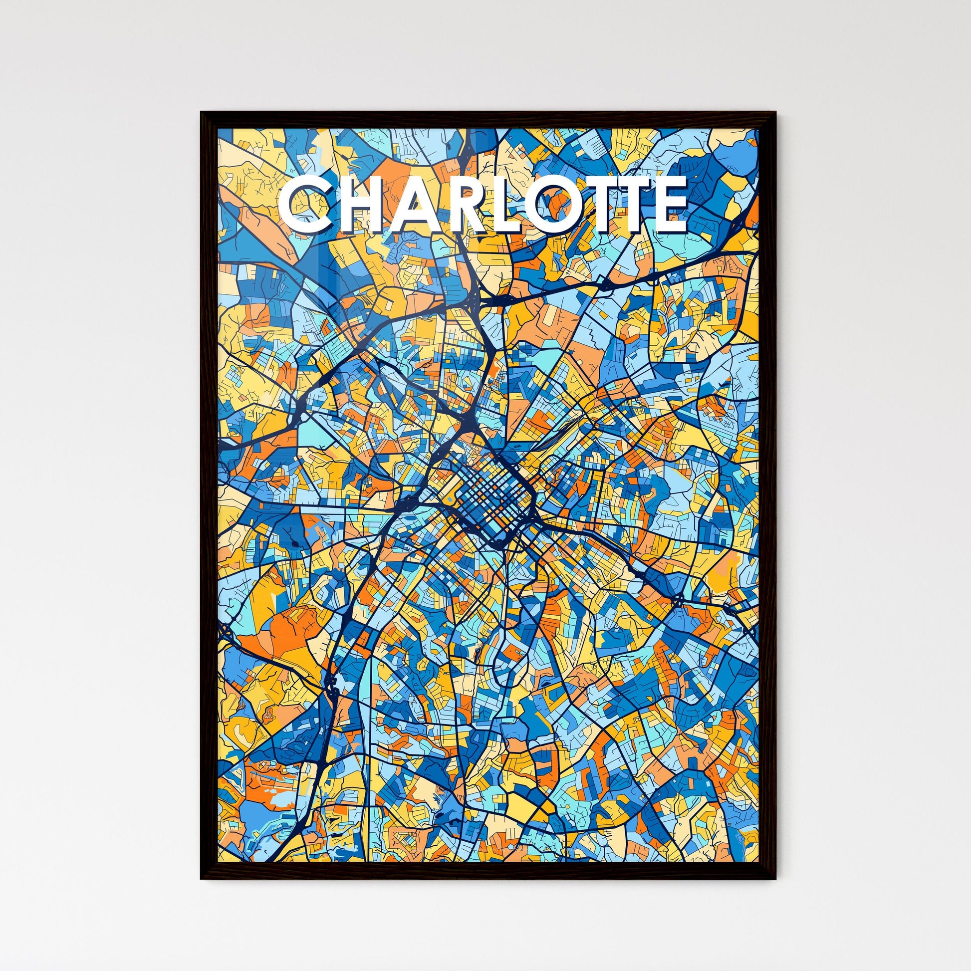 CHARLOTTE NORTH CAROLINA Vibrant Colorful Art Map Poster Blue Orange