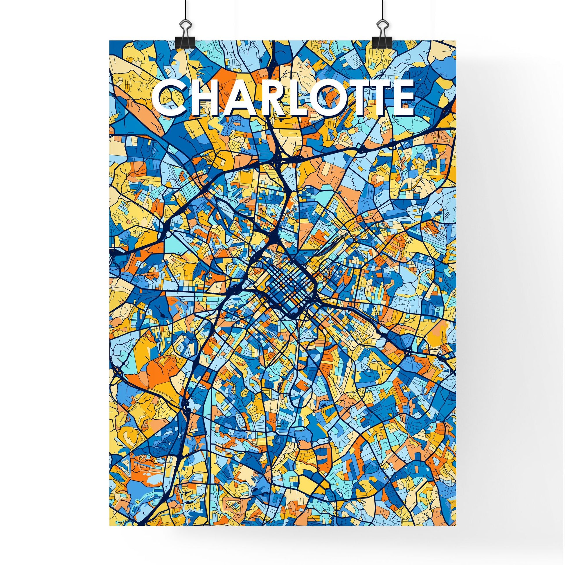 CHARLOTTE NORTH CAROLINA Vibrant Colorful Art Map Poster Blue Orange