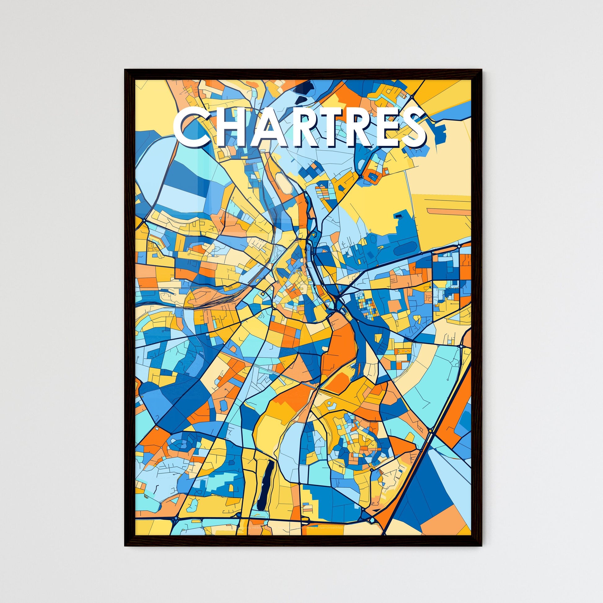 CHARTRES FRANCE Vibrant Colorful Art Map Poster Blue Orange