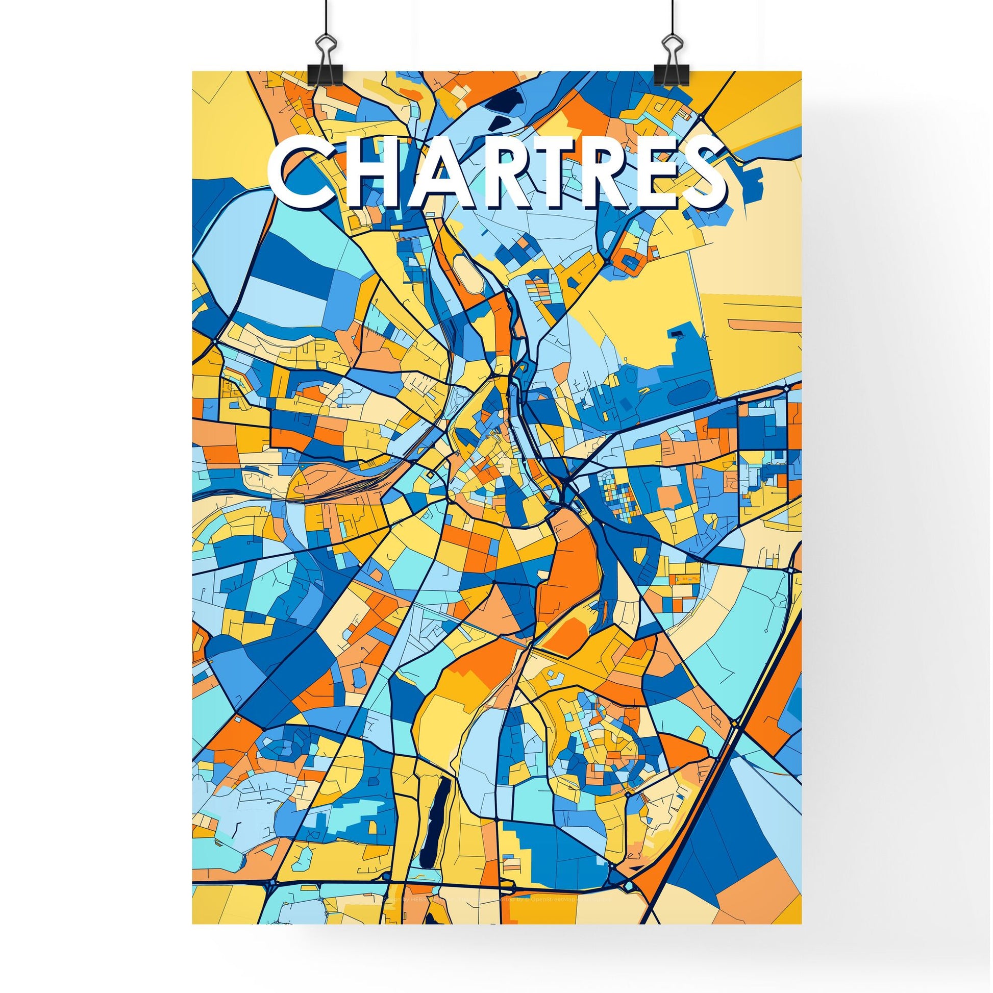 CHARTRES FRANCE Vibrant Colorful Art Map Poster Blue Orange