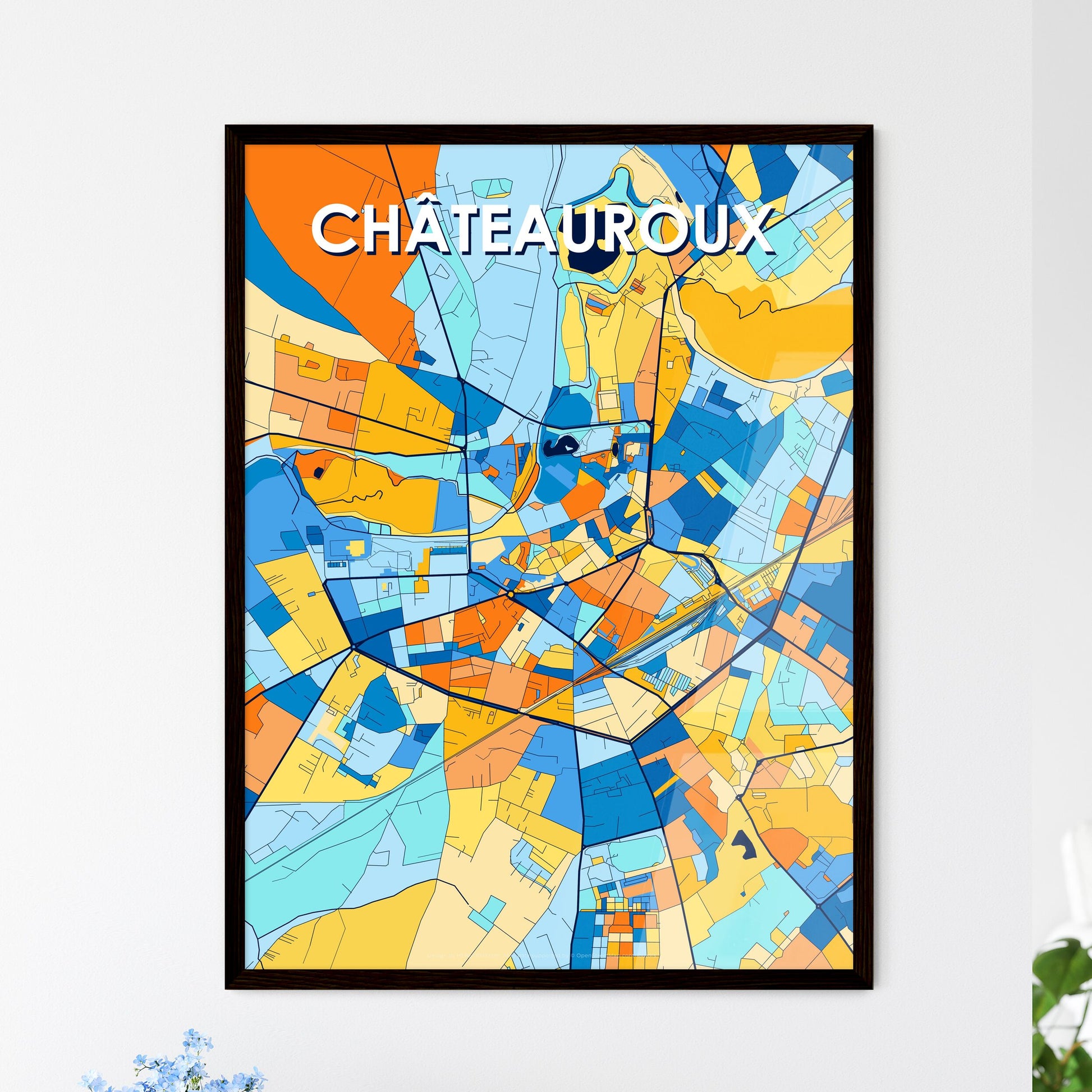 CHÂTEAUROUX FRANCE Vibrant Colorful Art Map Poster Blue Orange