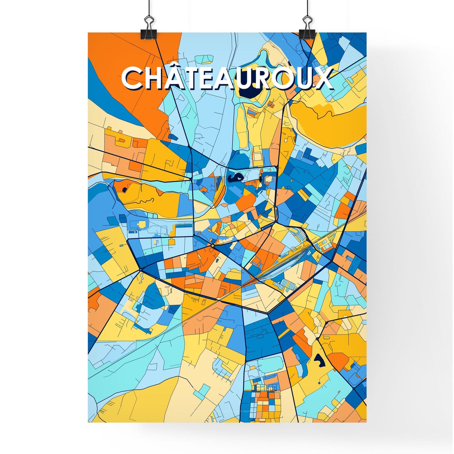 CHÂTEAUROUX FRANCE Vibrant Colorful Art Map Poster Blue Orange