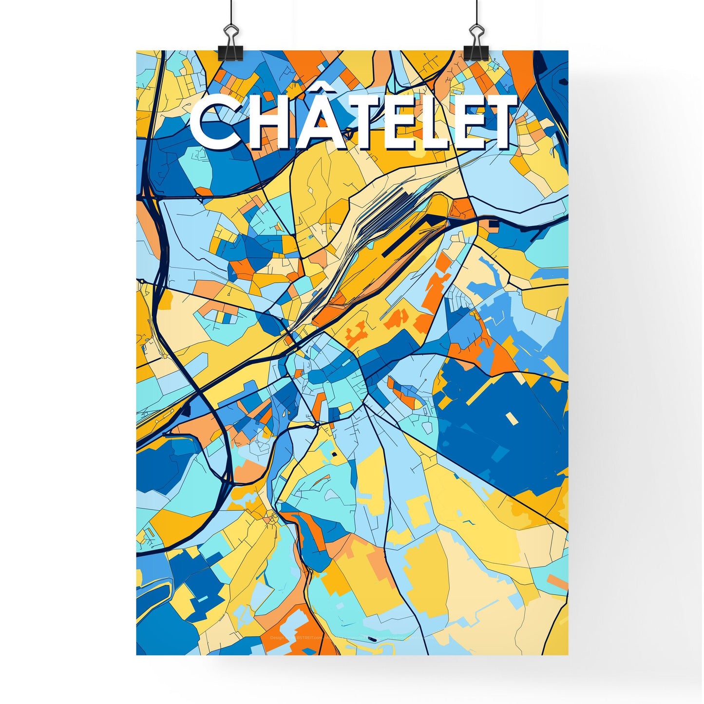 CHÂTELET BELGIUM Vibrant Colorful Art Map Poster Blue Orange