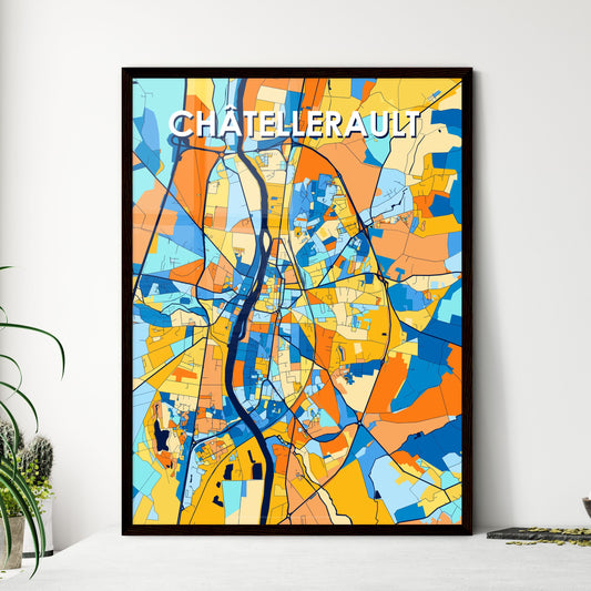 CHÂTELLERAULT FRANCE Vibrant Colorful Art Map Poster Blue Orange