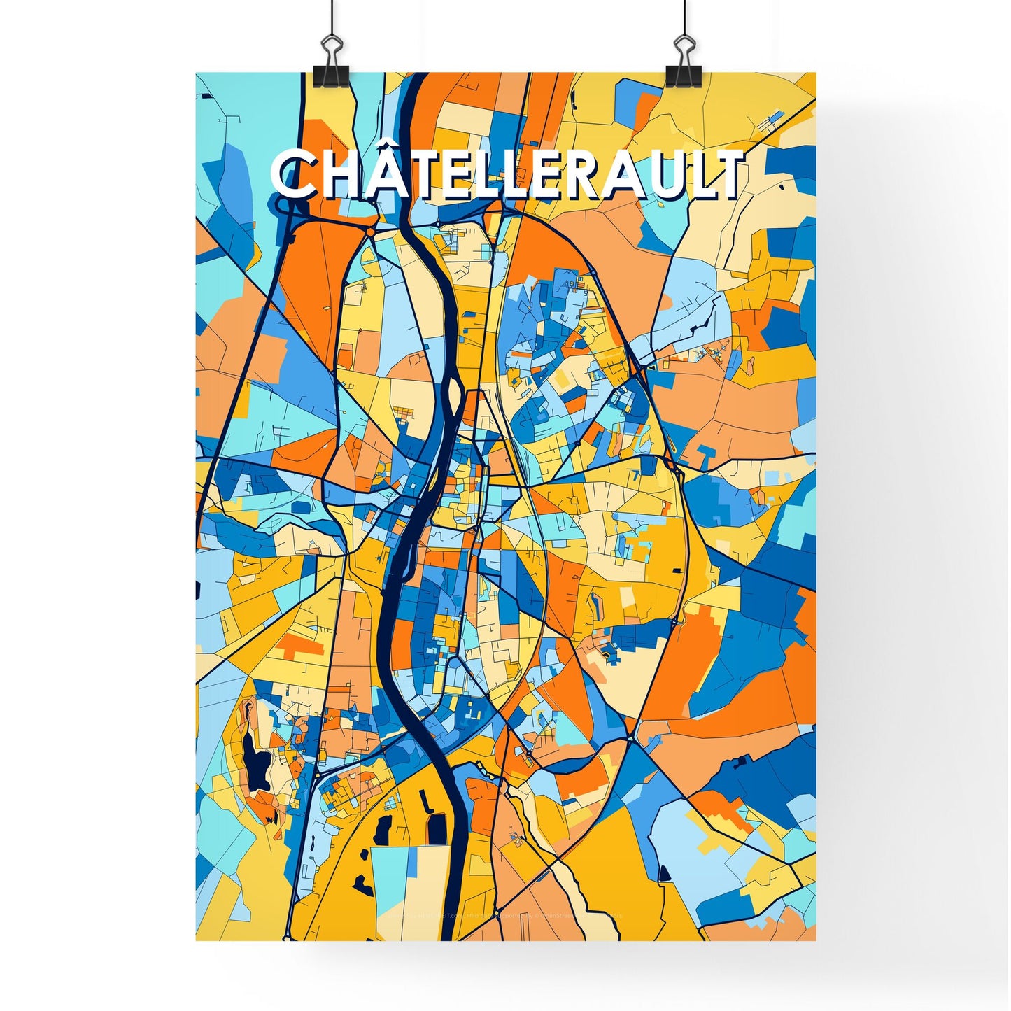 CHÂTELLERAULT FRANCE Vibrant Colorful Art Map Poster Blue Orange