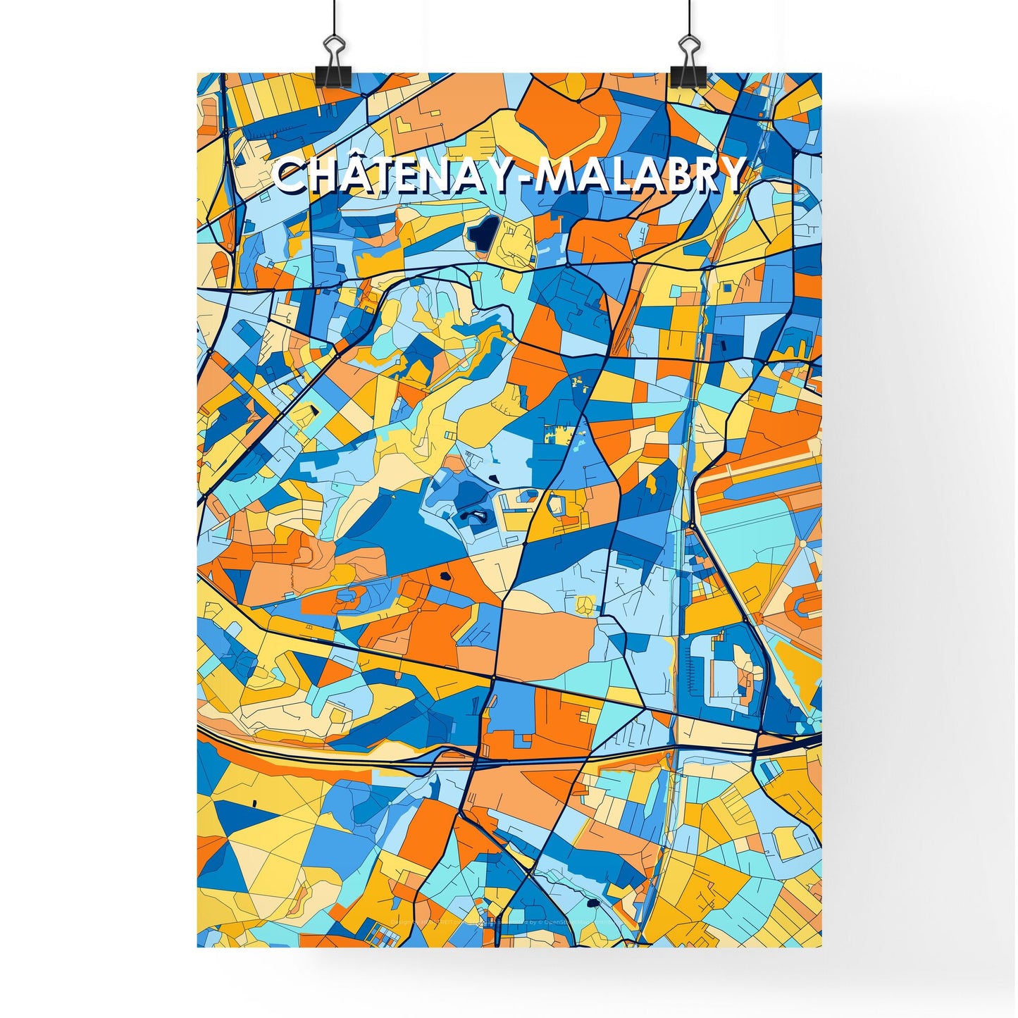 CHÂTENAY-MALABRY FRANCE Vibrant Colorful Art Map Poster Blue Orange