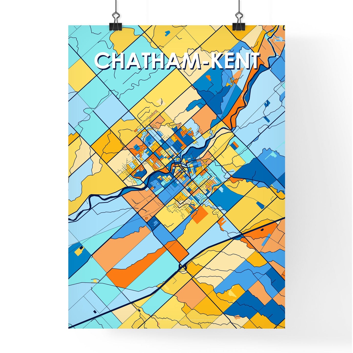 CHATHAM-KENT CANADA Vibrant Colorful Art Map Poster Blue Orange