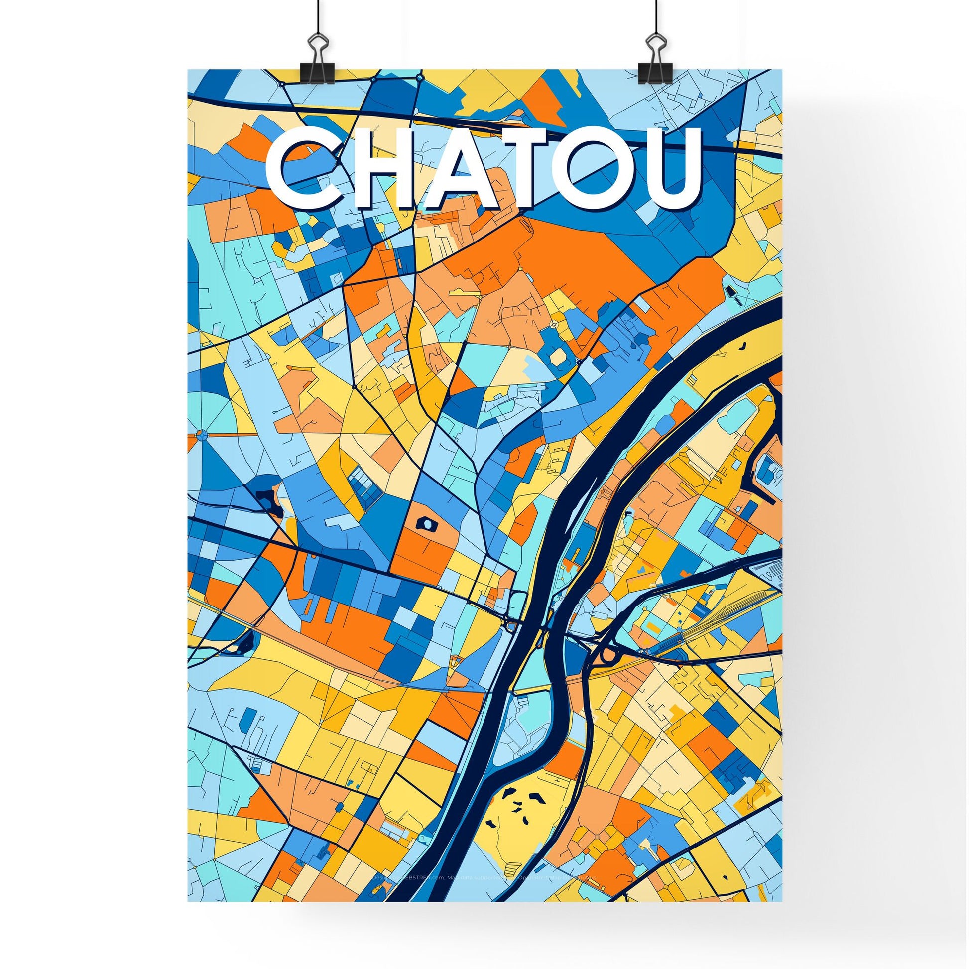 CHATOU FRANCE Vibrant Colorful Art Map Poster Blue Orange