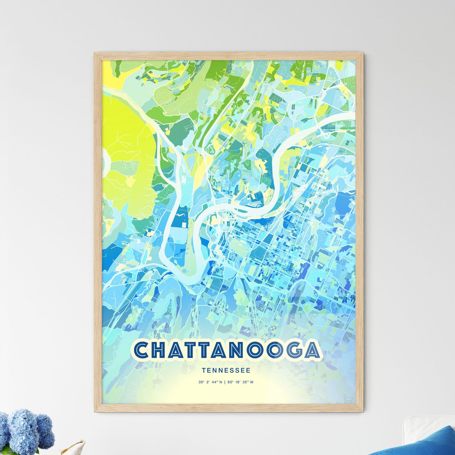 Colorful Chattanooga Tennessee Fine Art Map Cool Blue