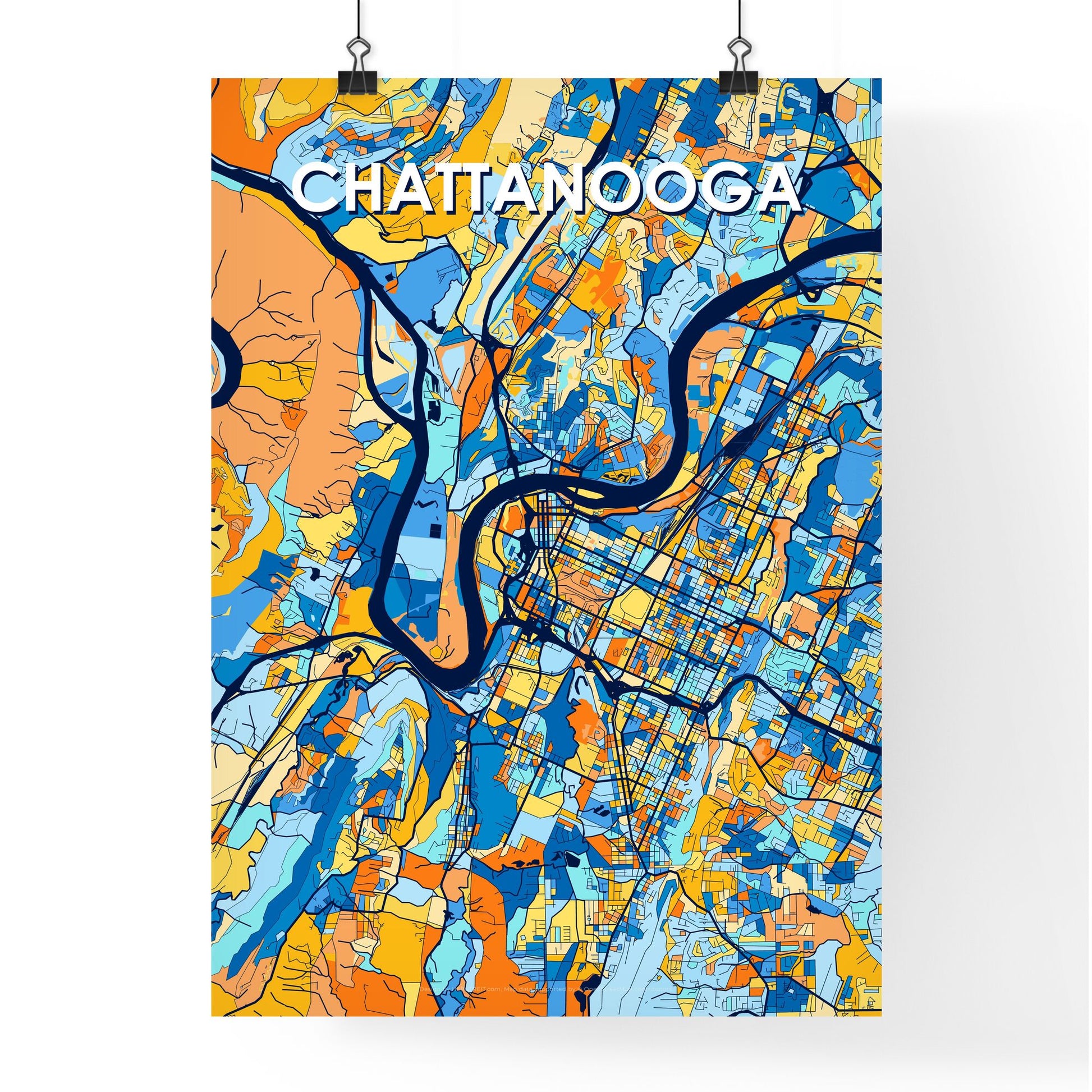 CHATTANOOGA TENNESSEE Vibrant Colorful Art Map Poster Blue Orange