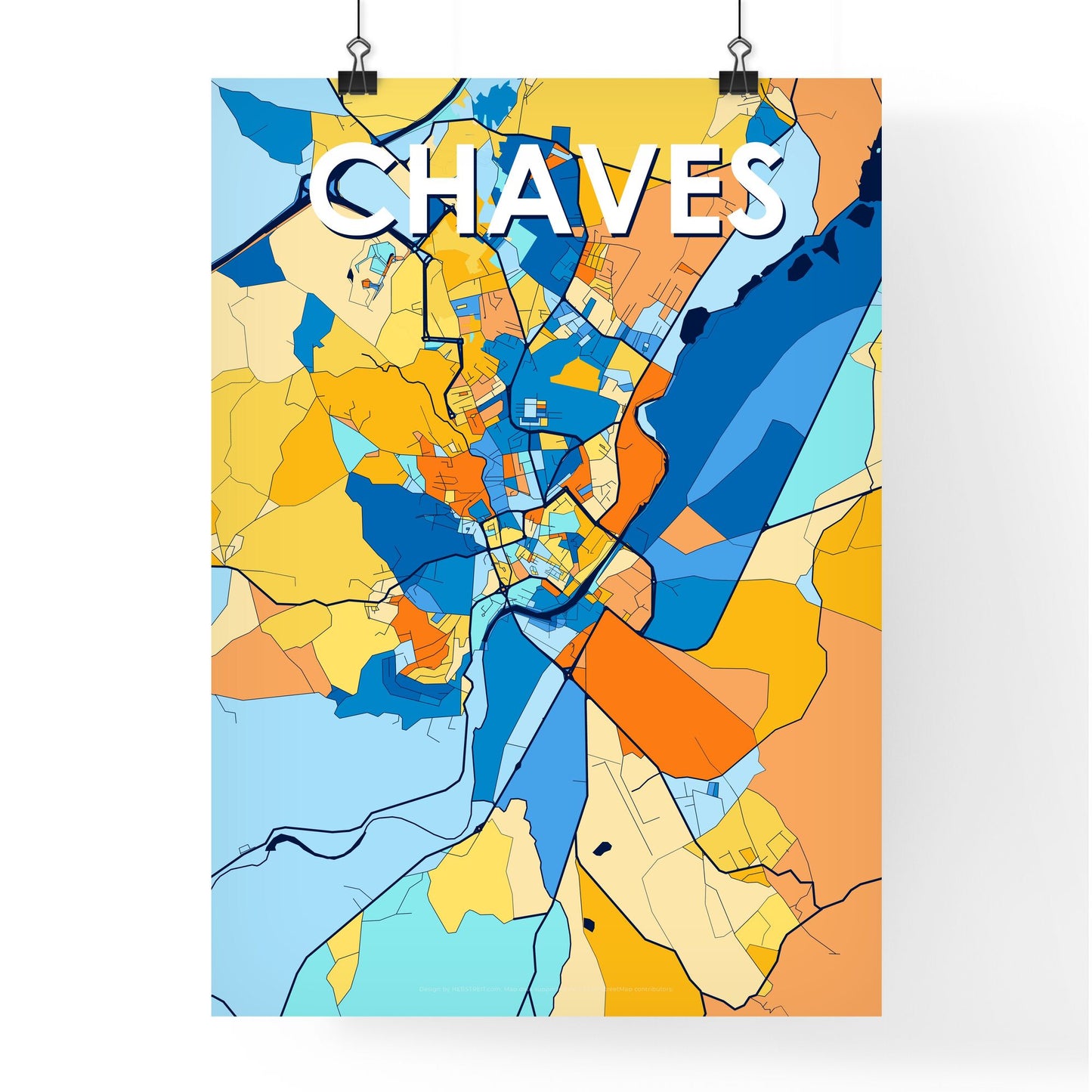 CHAVES PORTUGAL Vibrant Colorful Art Map Poster Blue Orange