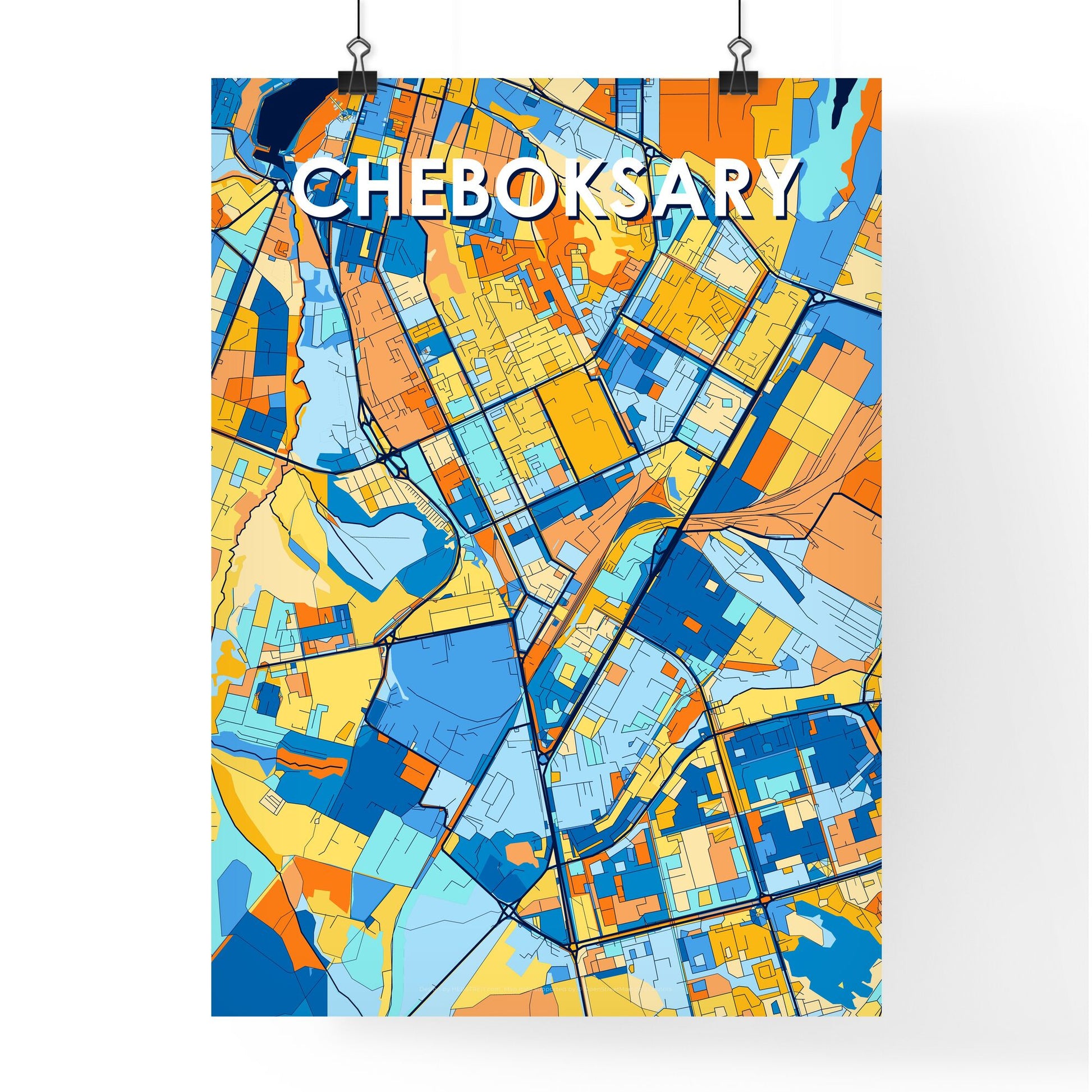 CHEBOKSARY RUSSIA Vibrant Colorful Art Map Poster Blue Orange