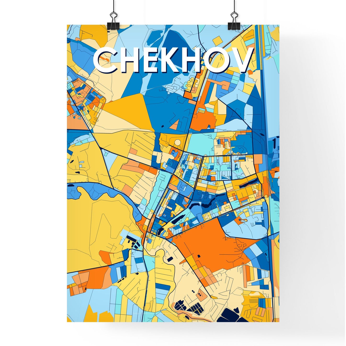 CHEKHOV RUSSIA Vibrant Colorful Art Map Poster Blue Orange