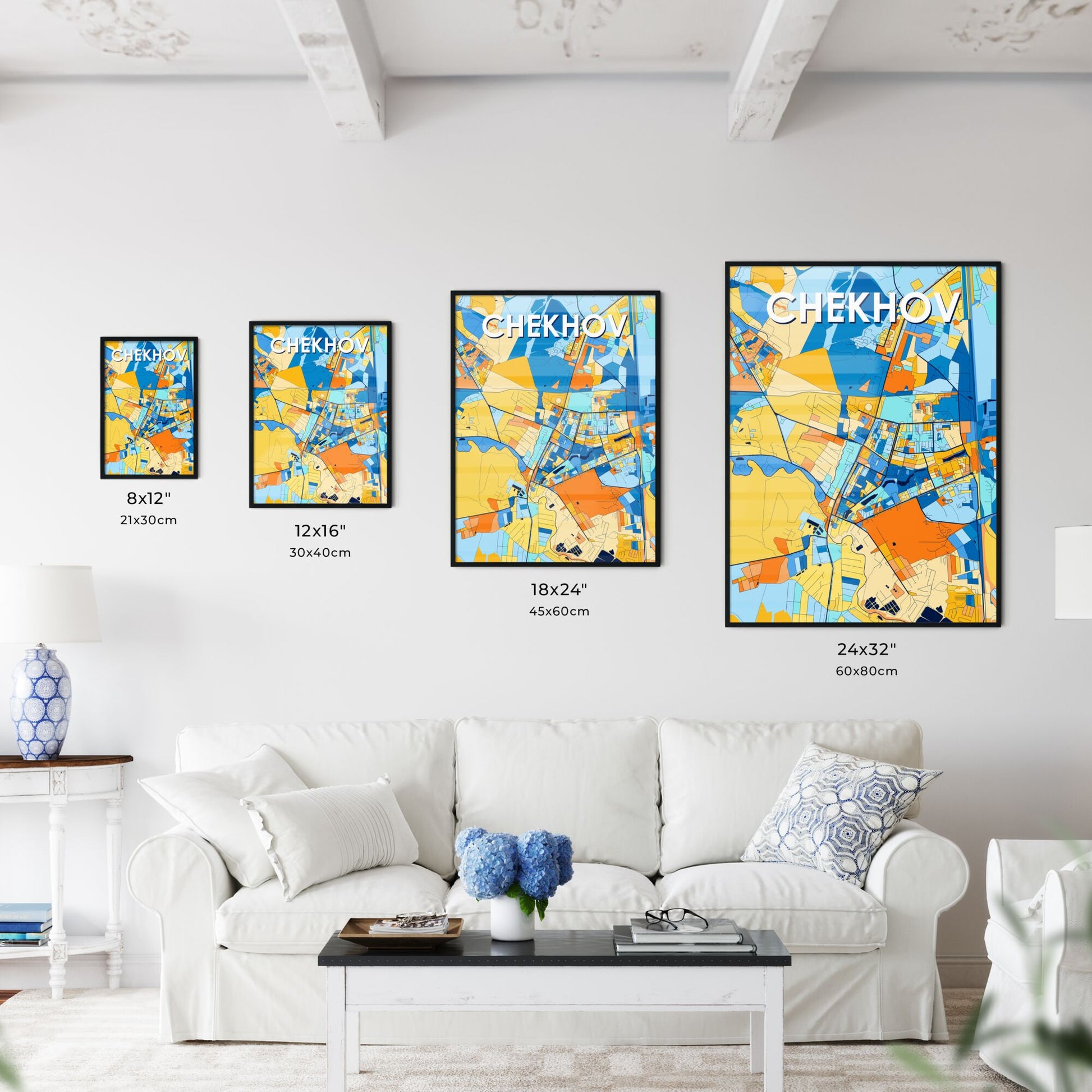 CHEKHOV RUSSIA Vibrant Colorful Art Map Poster Blue Orange