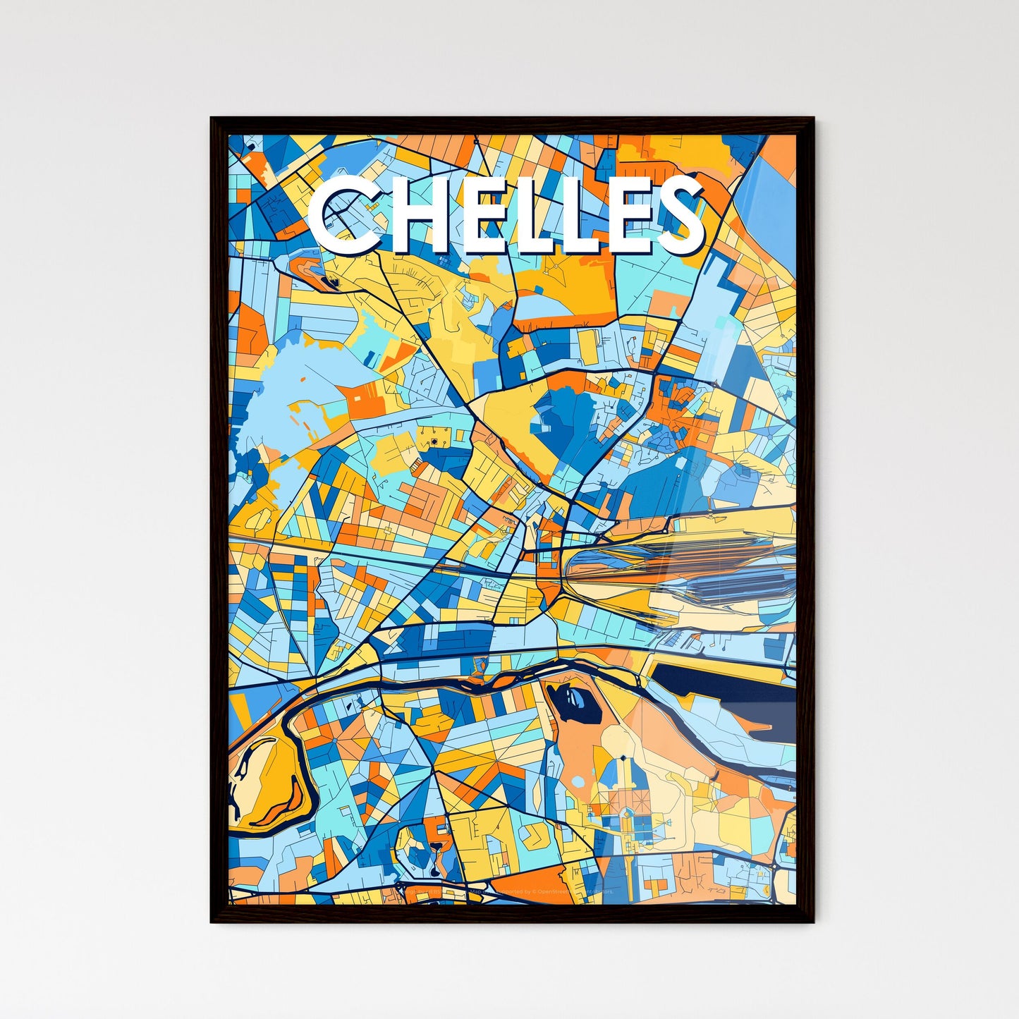 CHELLES FRANCE Vibrant Colorful Art Map Poster Blue Orange