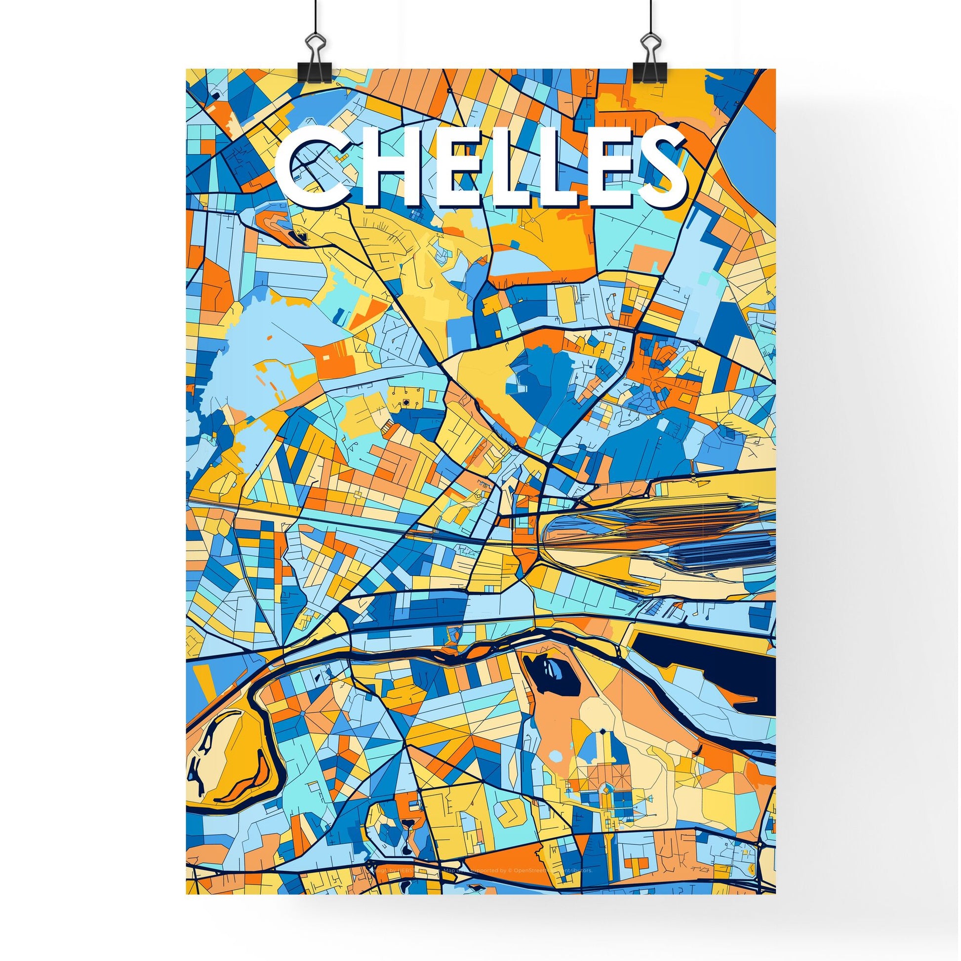 CHELLES FRANCE Vibrant Colorful Art Map Poster Blue Orange