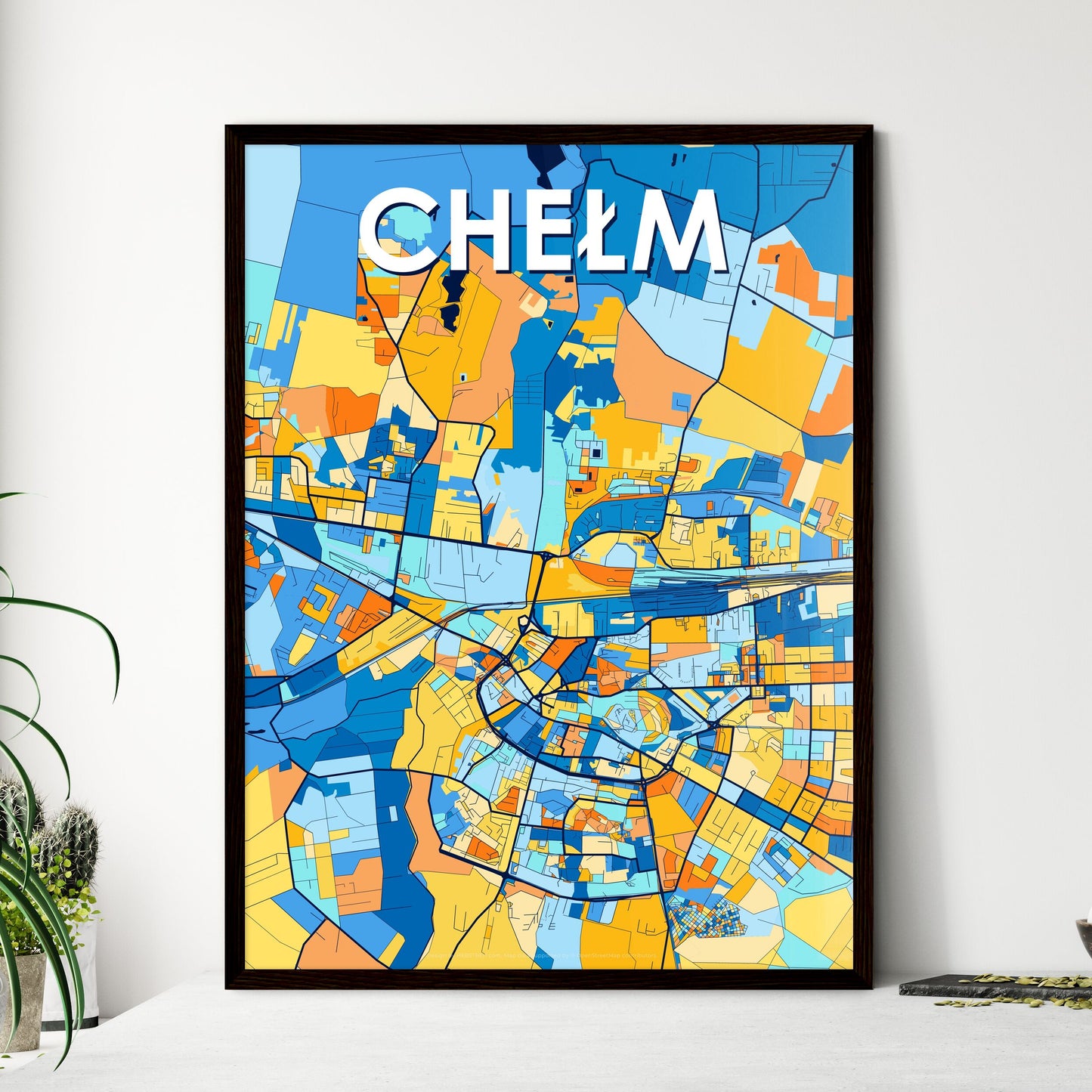 CHEŁM POLAND Vibrant Colorful Art Map Poster Blue Orange