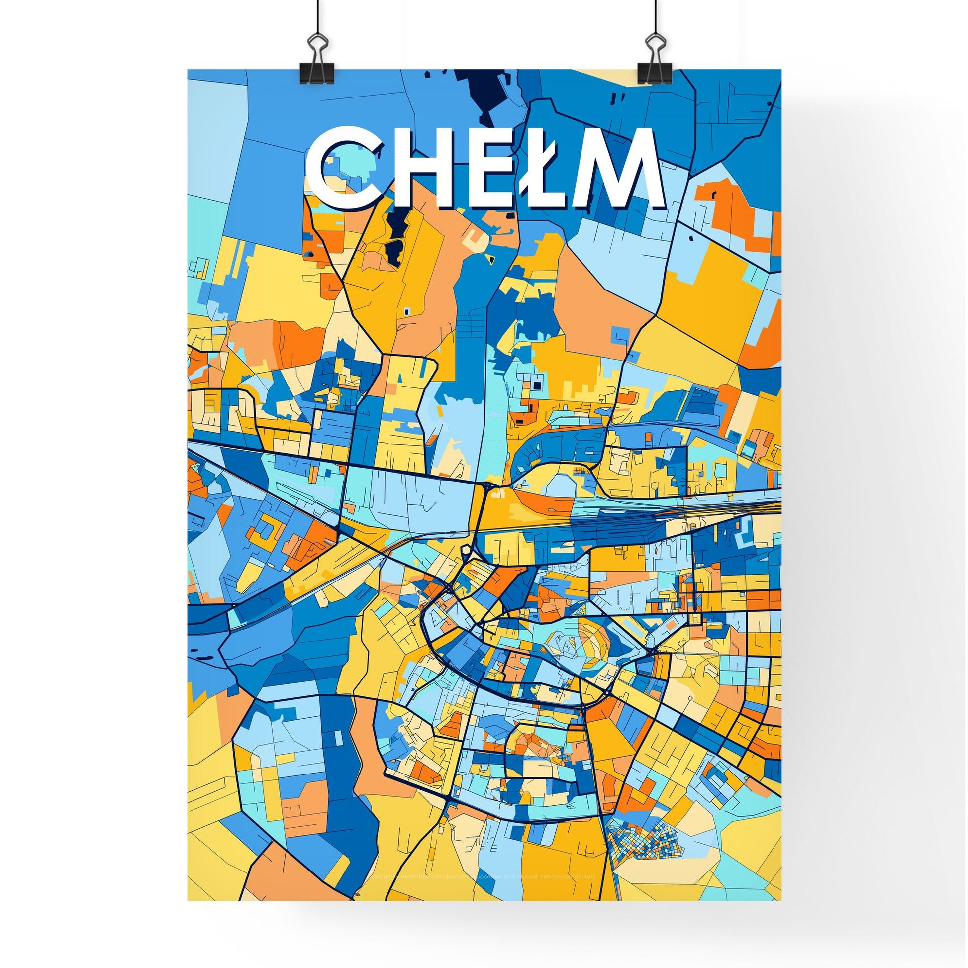 CHEŁM POLAND Vibrant Colorful Art Map Poster Blue Orange