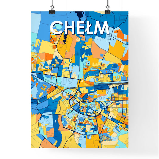 CHEŁM POLAND Vibrant Colorful Art Map Poster Blue Orange
