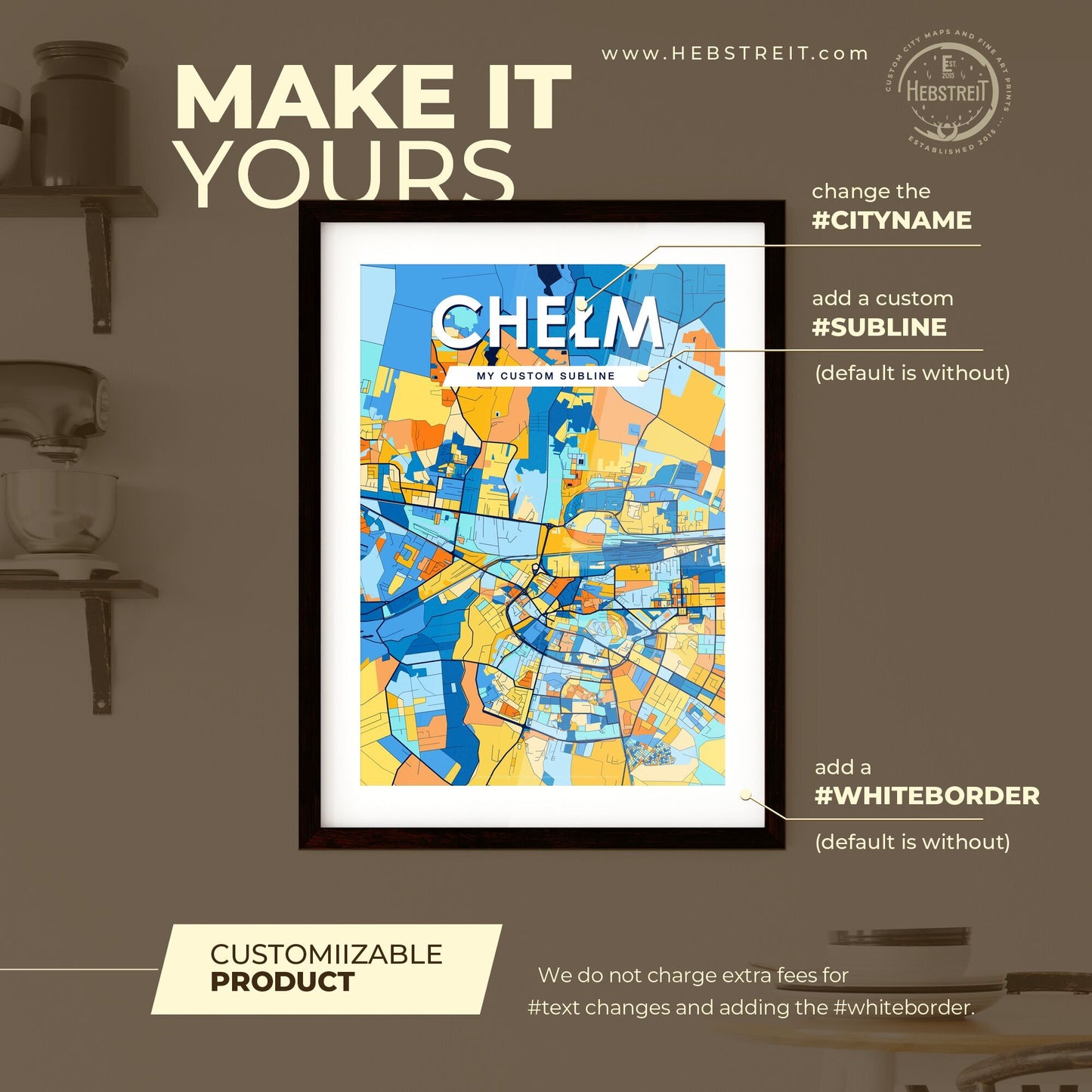 CHEŁM POLAND Vibrant Colorful Art Map Poster Blue Orange