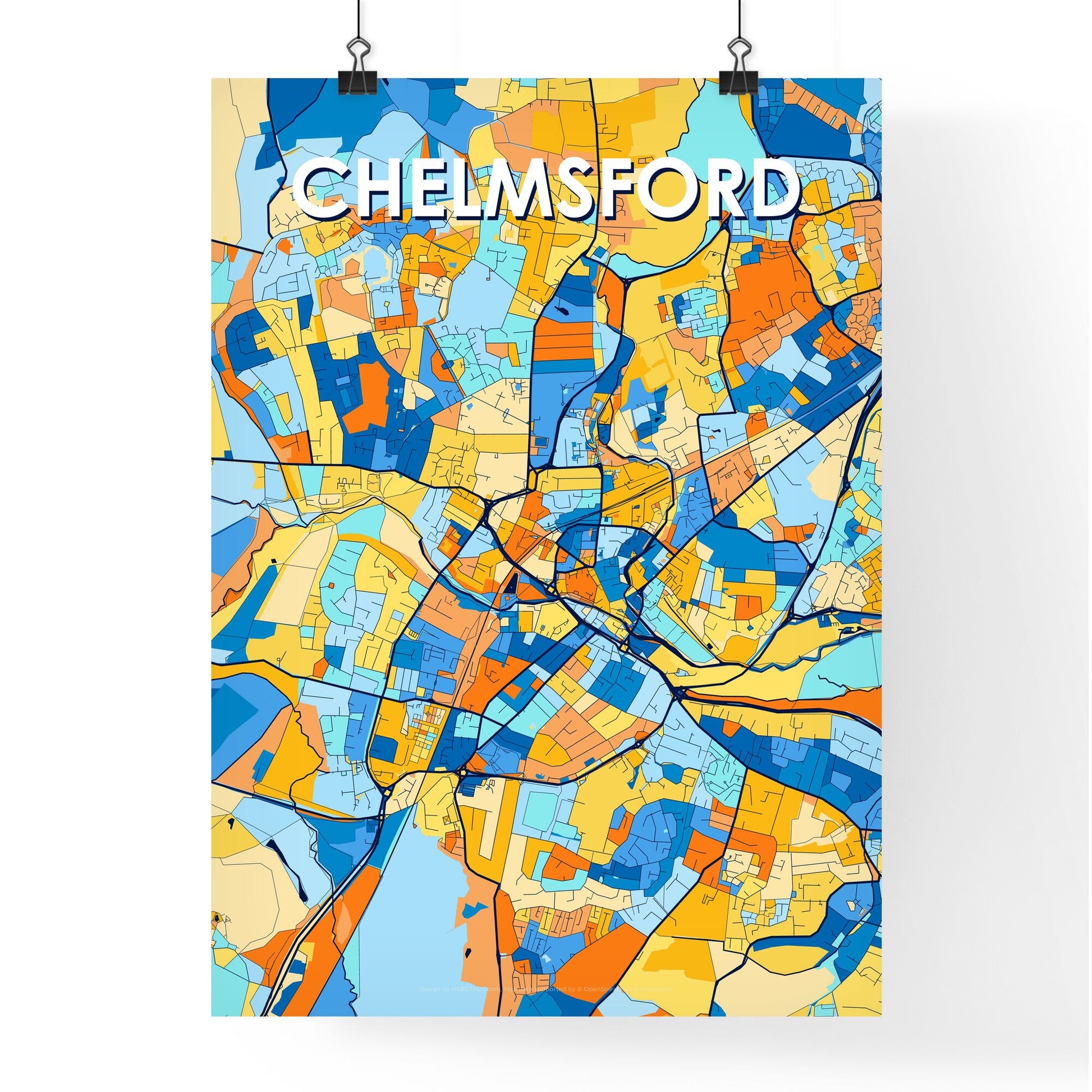 CHELMSFORD ENGLAND Vibrant Colorful Art Map Poster Blue Orange