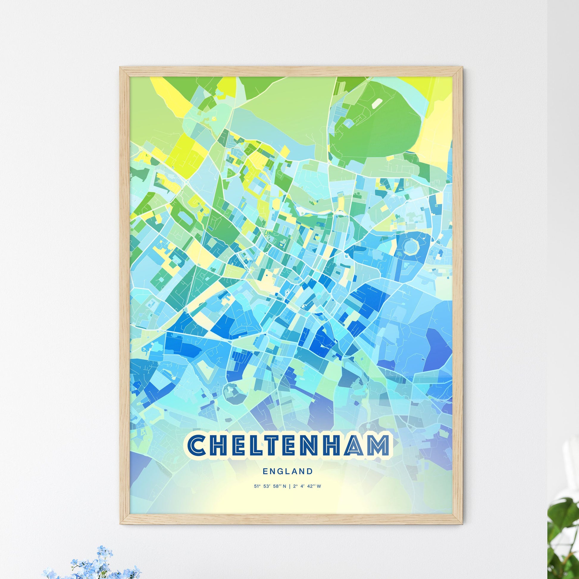 Colorful Cheltenham England Fine Art Map Cool Blue