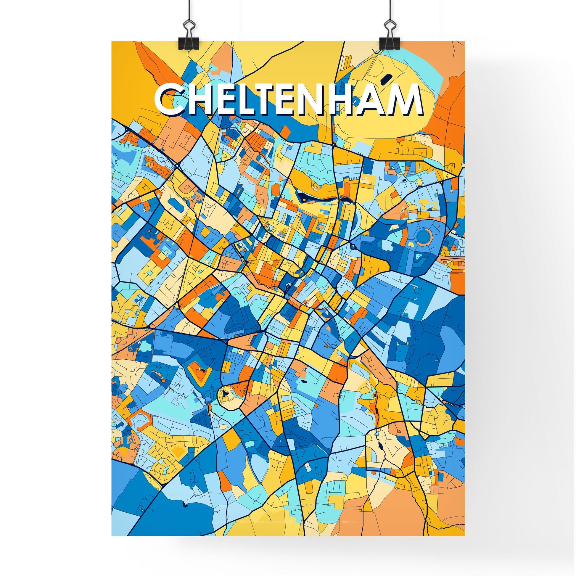 CHELTENHAM ENGLAND Vibrant Colorful Art Map Poster Blue Orange