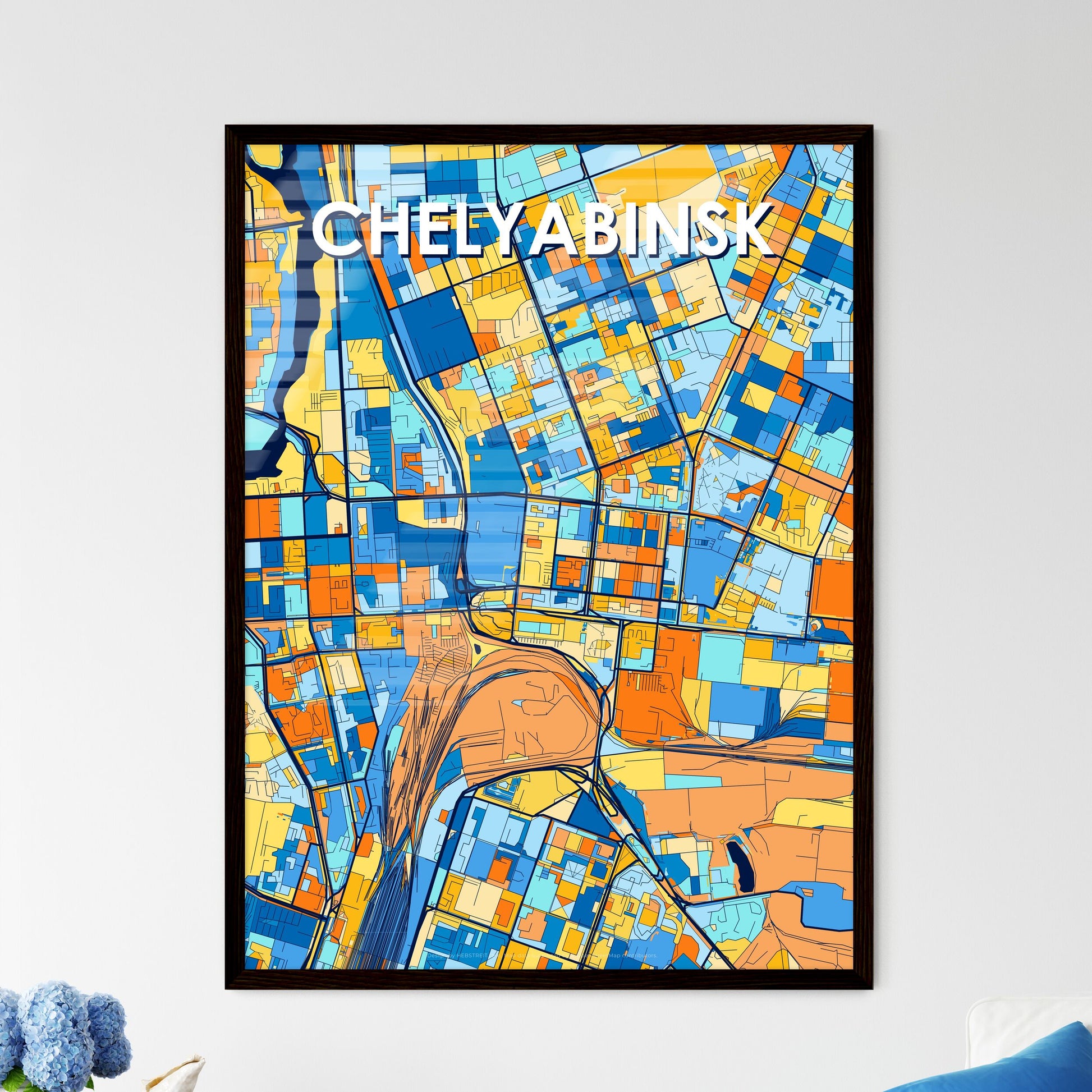 CHELYABINSK RUSSIA Vibrant Colorful Art Map Poster Blue Orange