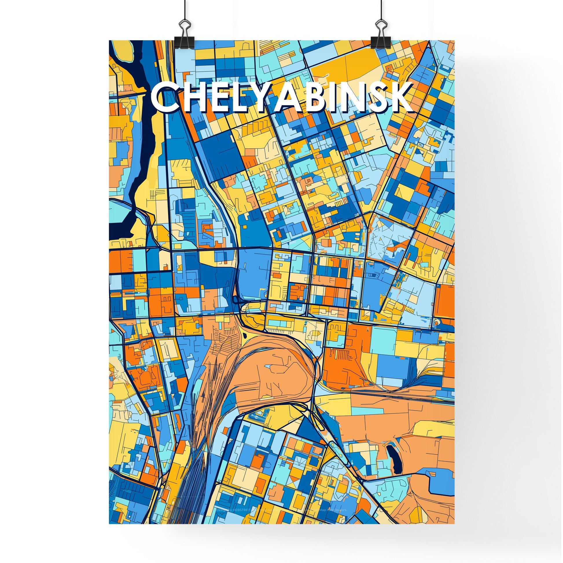 CHELYABINSK RUSSIA Vibrant Colorful Art Map Poster Blue Orange