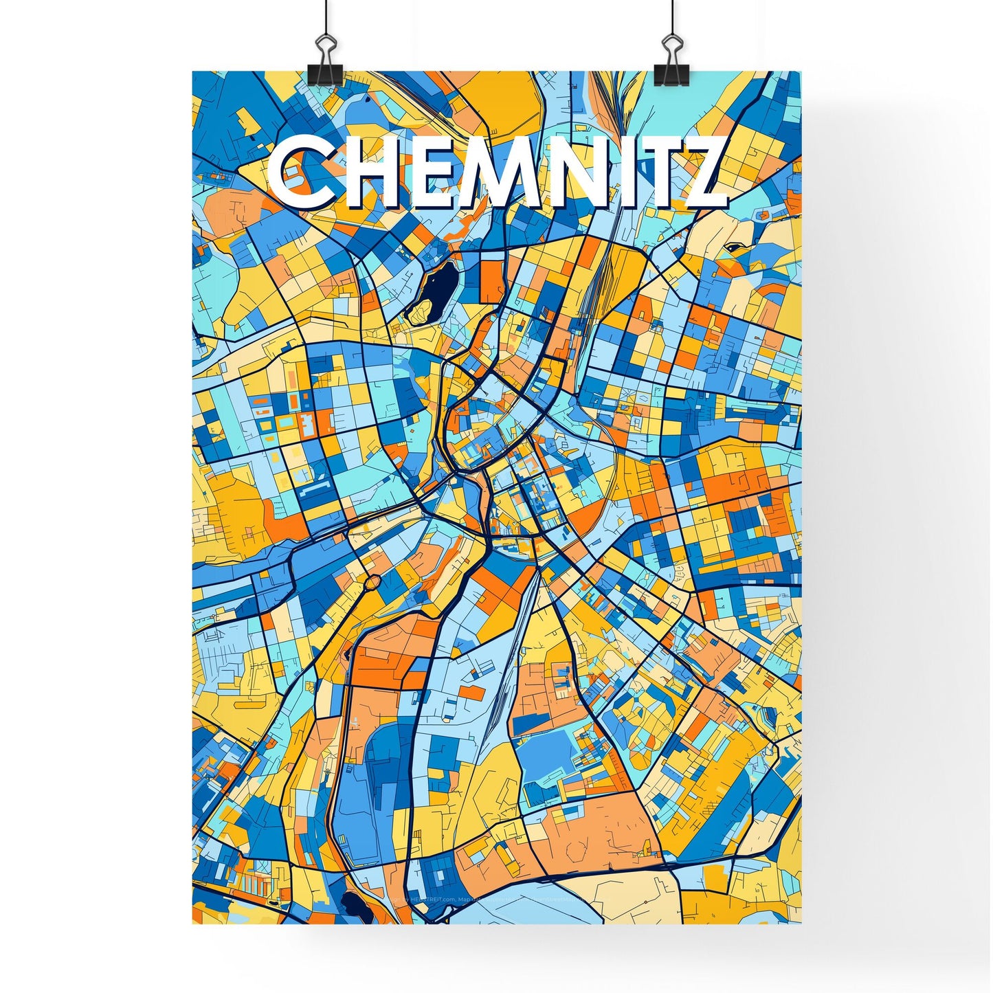 CHEMNITZ GERMANY Vibrant Colorful Art Map Poster Blue Orange