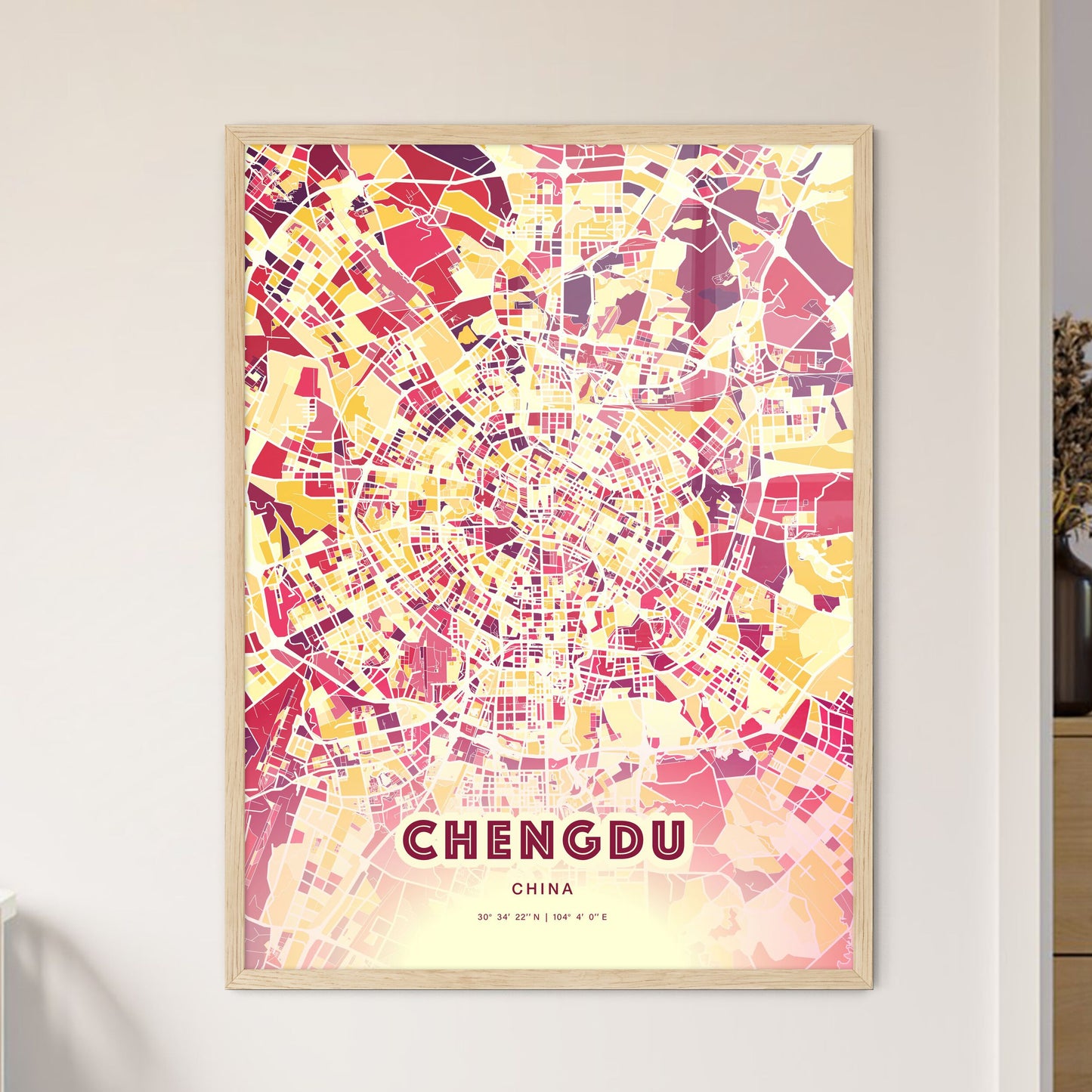 Colorful Chengdu China Fine Art Map Hot Red