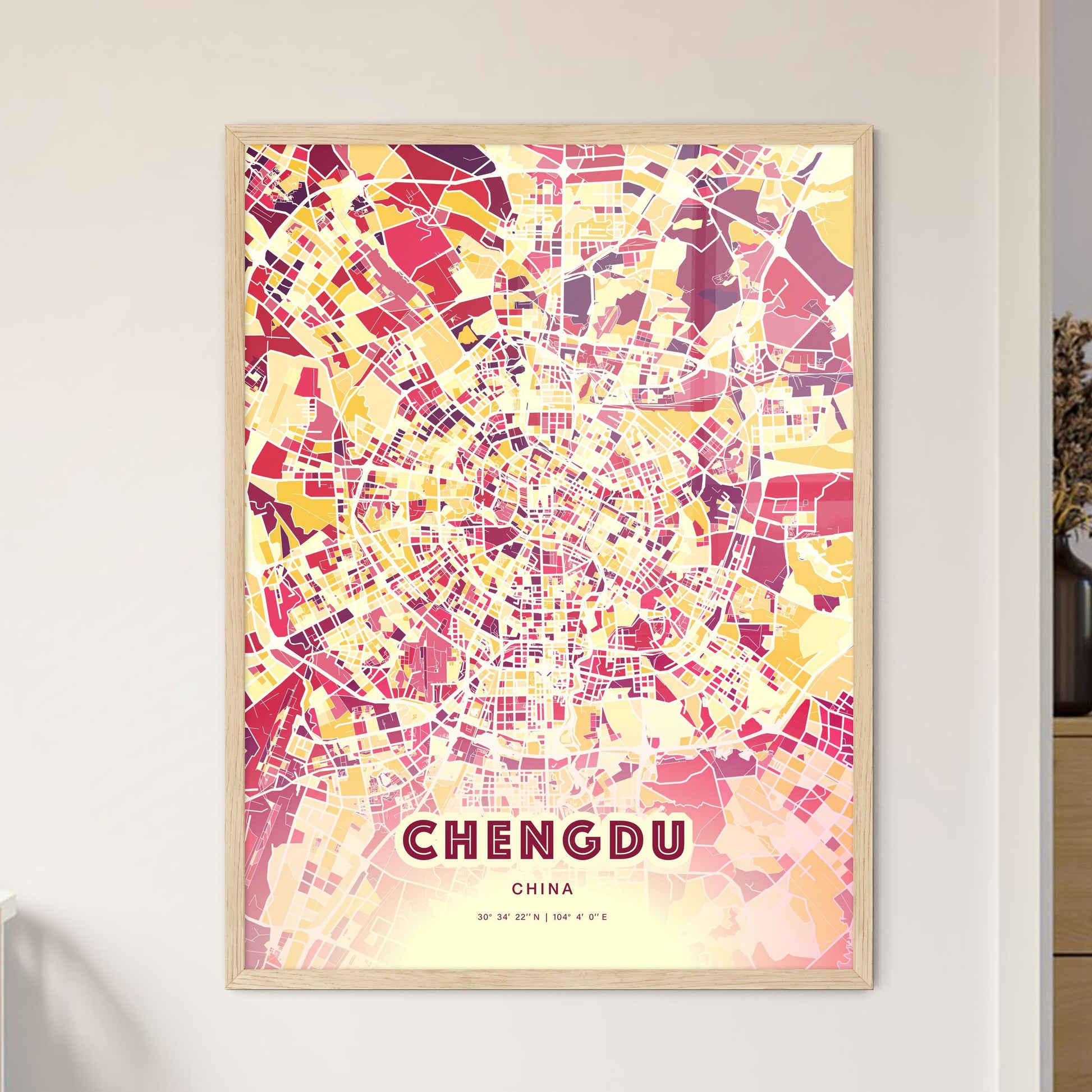 Colorful Chengdu China Fine Art Map Hot Red