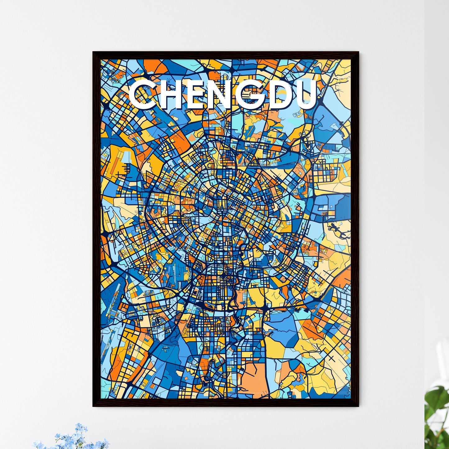 CHENGDU CHINA Vibrant Colorful Art Map Poster Blue Orange