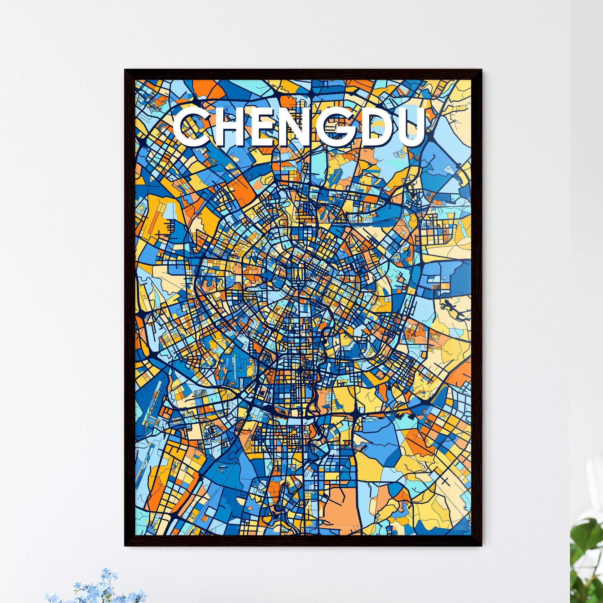 CHENGDU CHINA Vibrant Colorful Art Map Poster Blue Orange