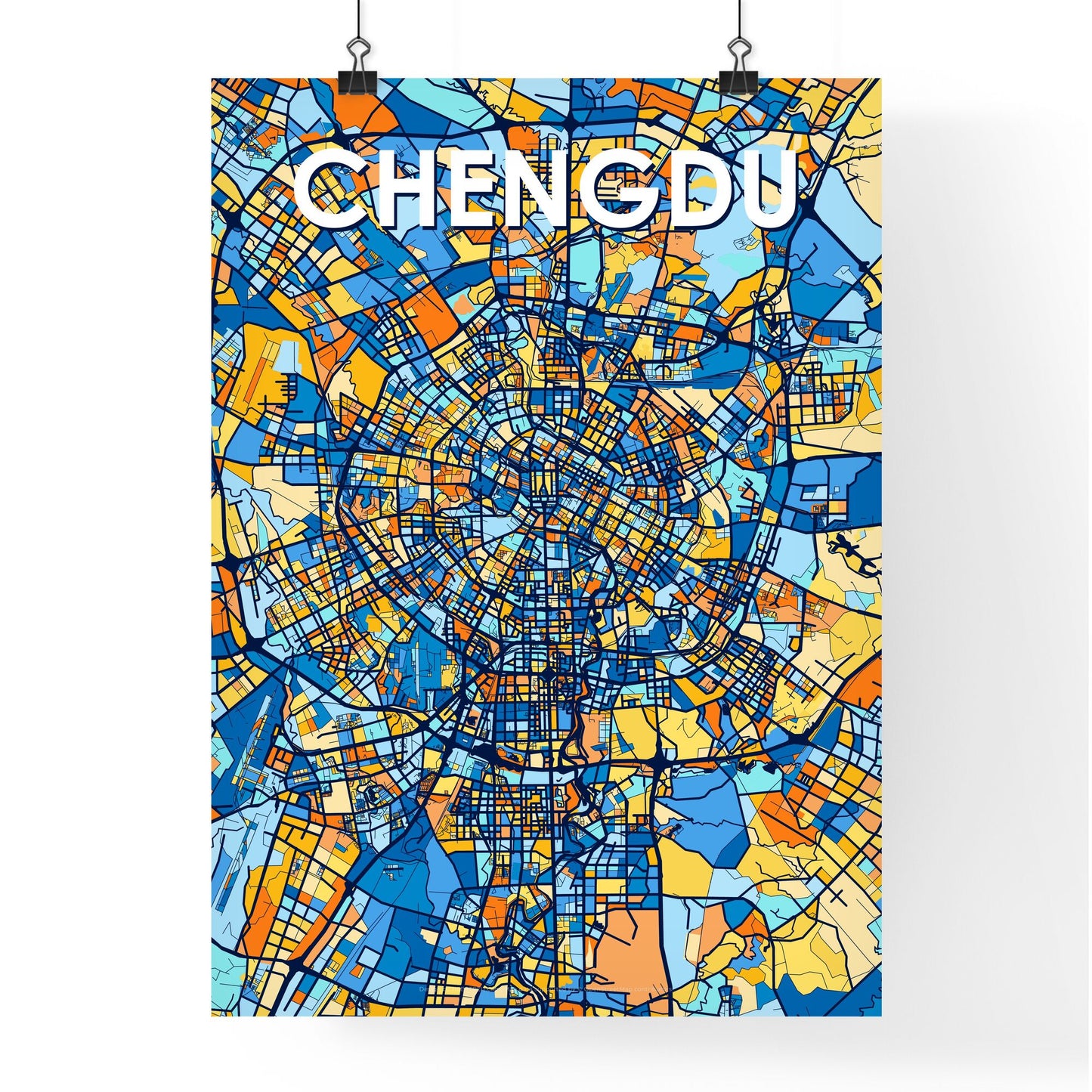 CHENGDU CHINA Vibrant Colorful Art Map Poster Blue Orange