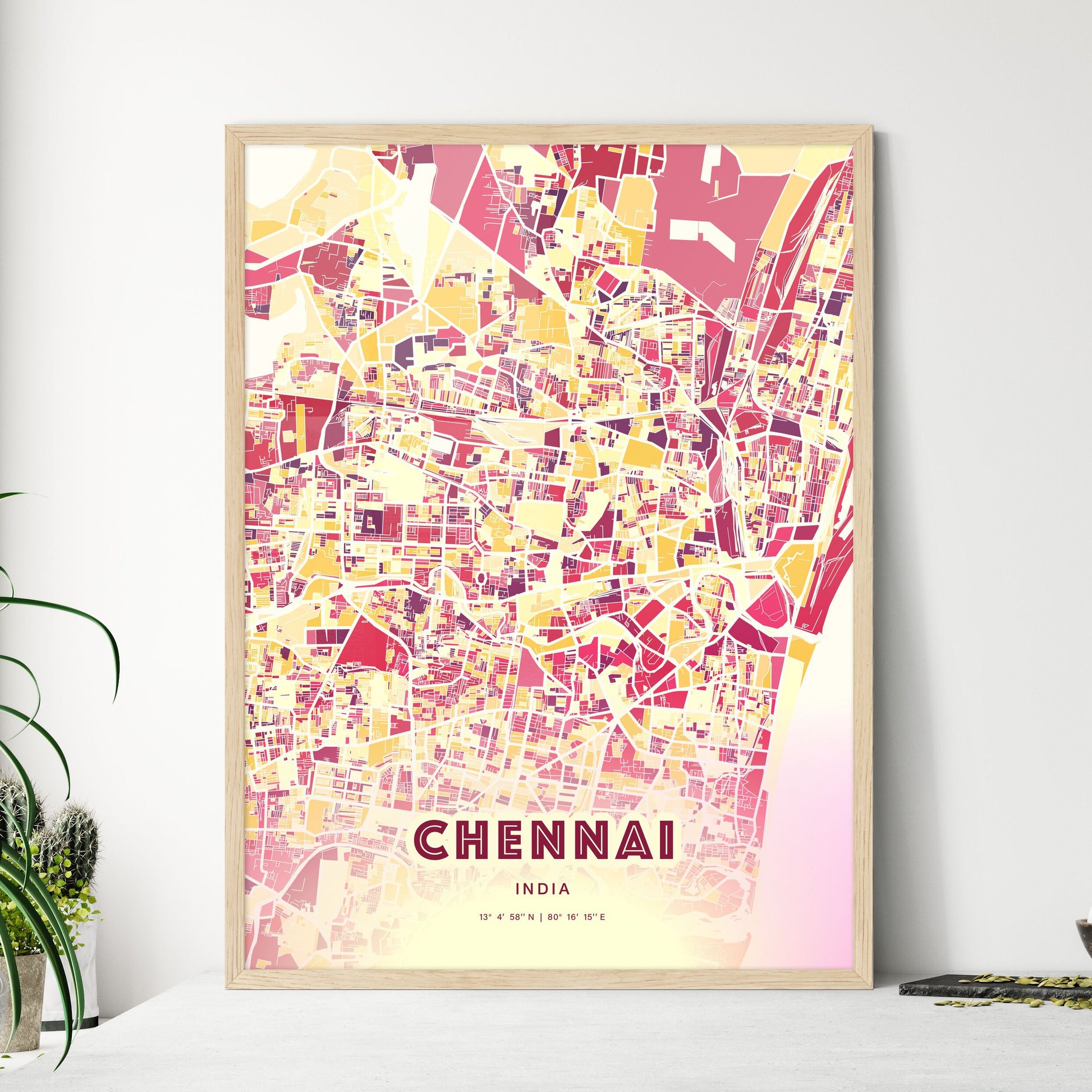 Colorful Chennai India Fine Art Map Hot Red
