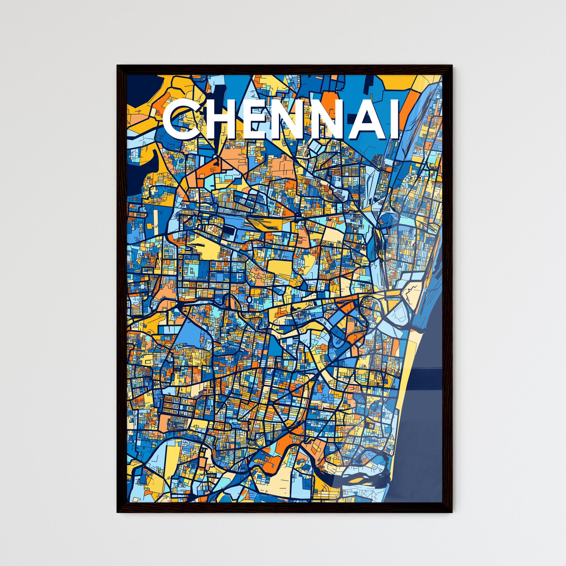 CHENNAI INDIA Vibrant Colorful Art Map Poster Blue Orange