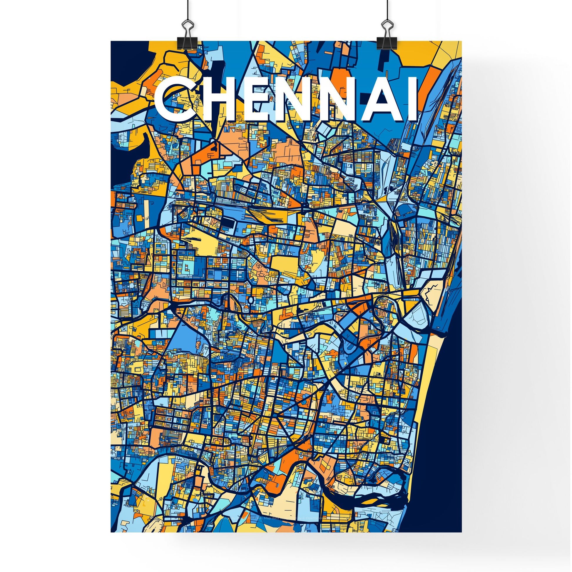 CHENNAI INDIA Vibrant Colorful Art Map Poster Blue Orange