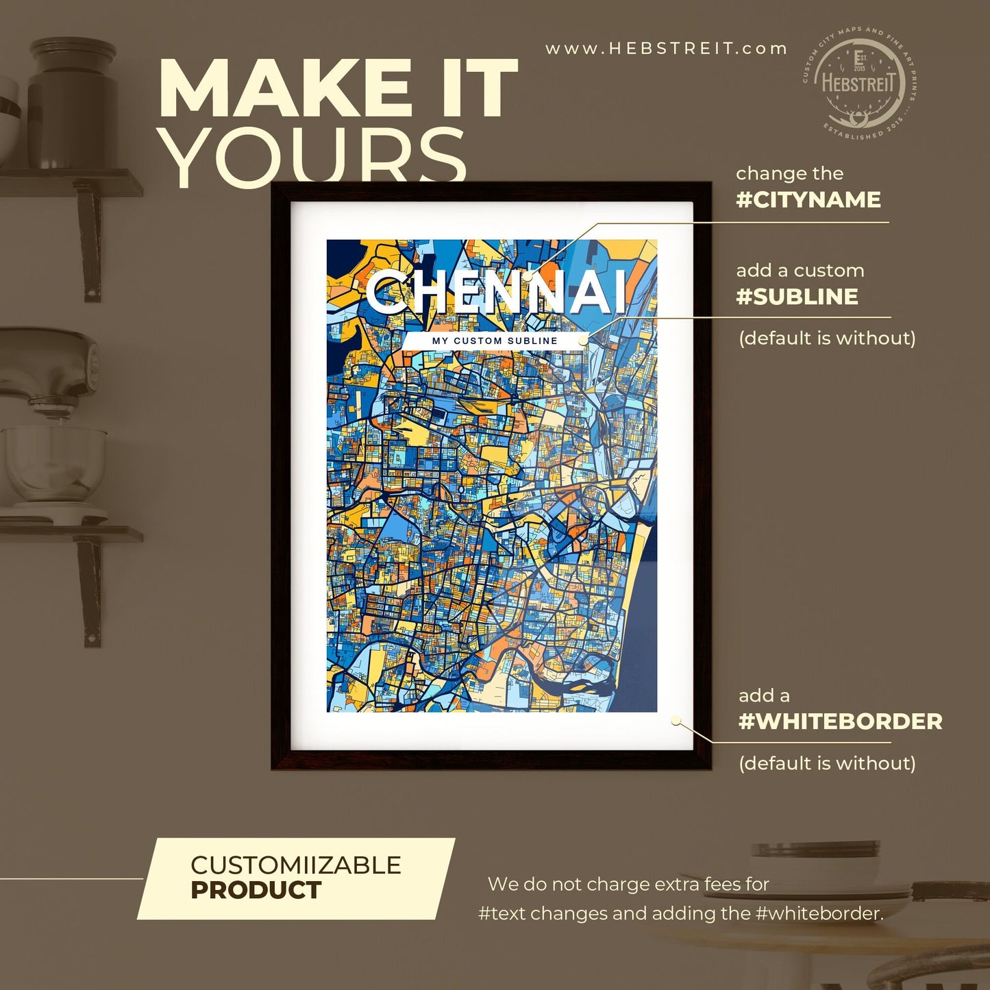 CHENNAI INDIA Vibrant Colorful Art Map Poster Blue Orange