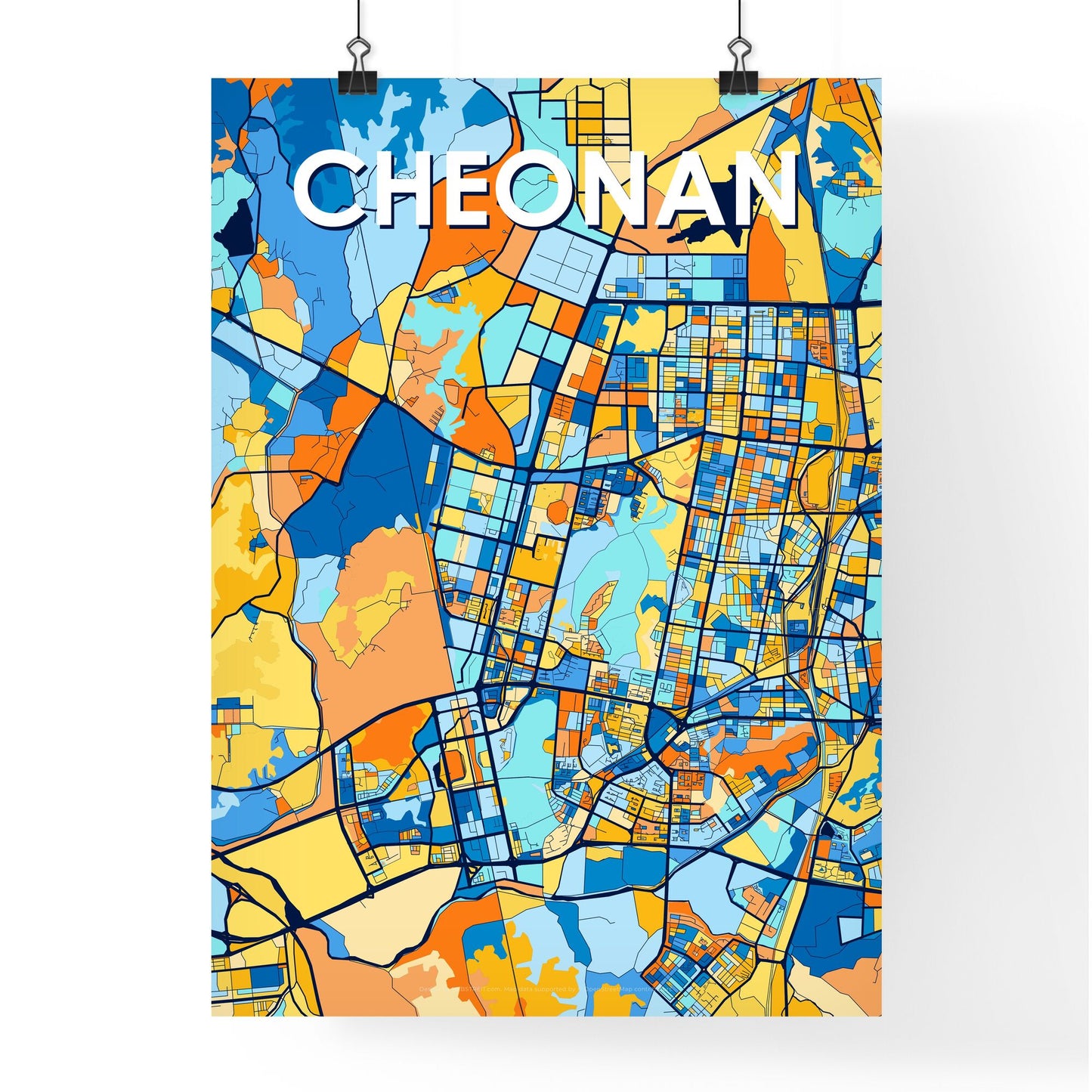 CHEONAN SOUTH KOREA Vibrant Colorful Art Map Poster Blue Orange