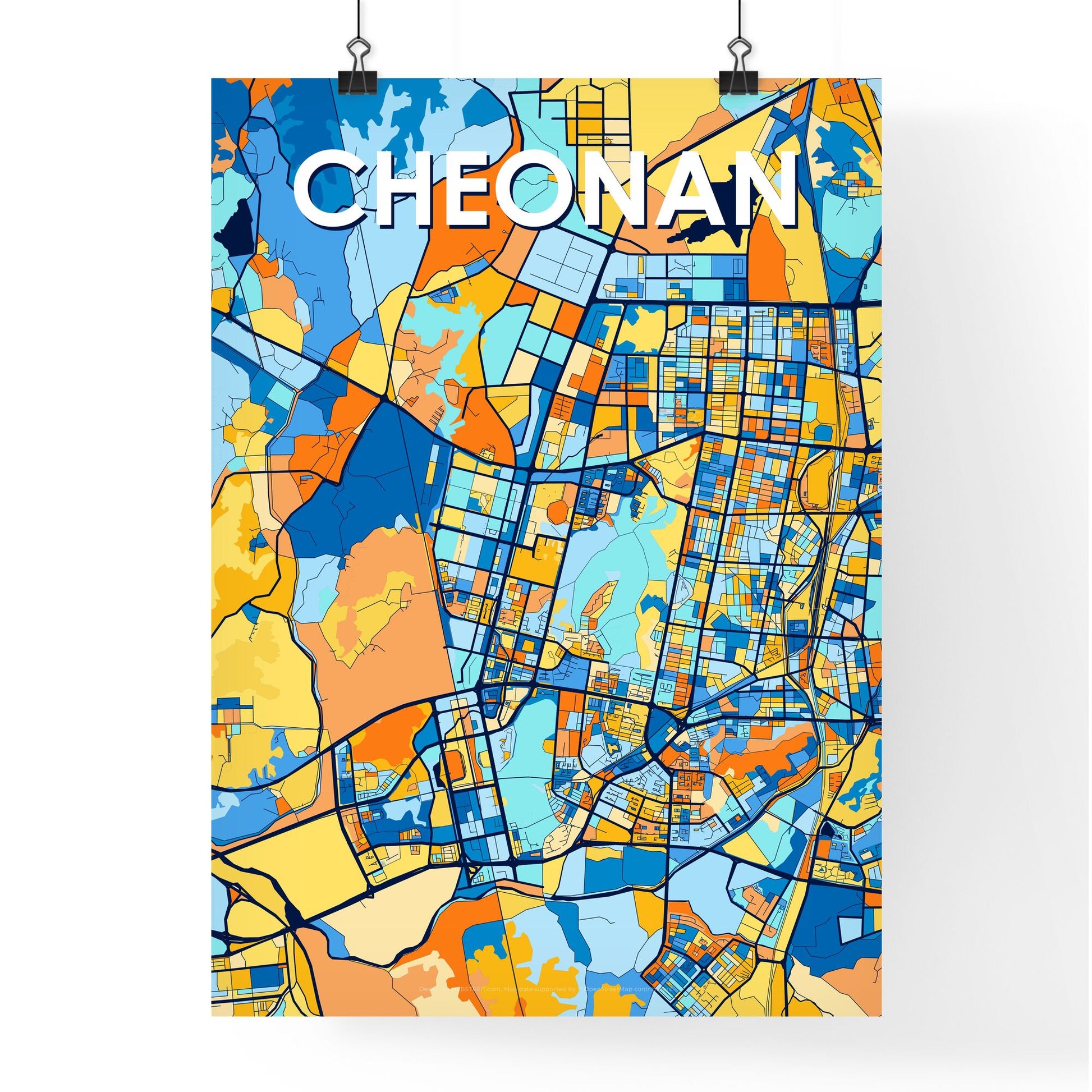 CHEONAN SOUTH KOREA Vibrant Colorful Art Map Poster Blue Orange