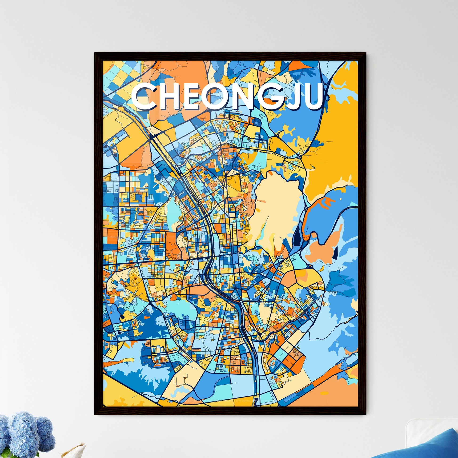 CHEONGJU SOUTH KOREA Vibrant Colorful Art Map Poster Blue Orange