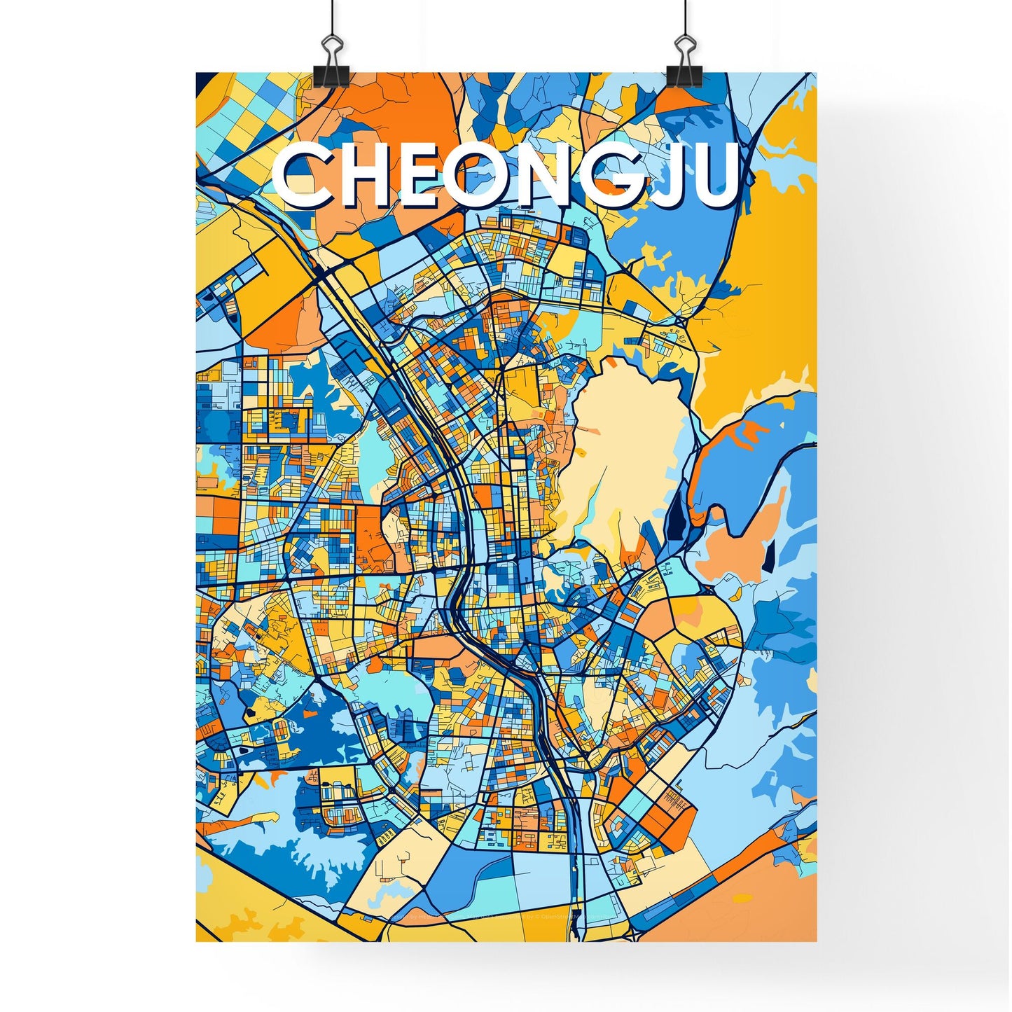 CHEONGJU SOUTH KOREA Vibrant Colorful Art Map Poster Blue Orange