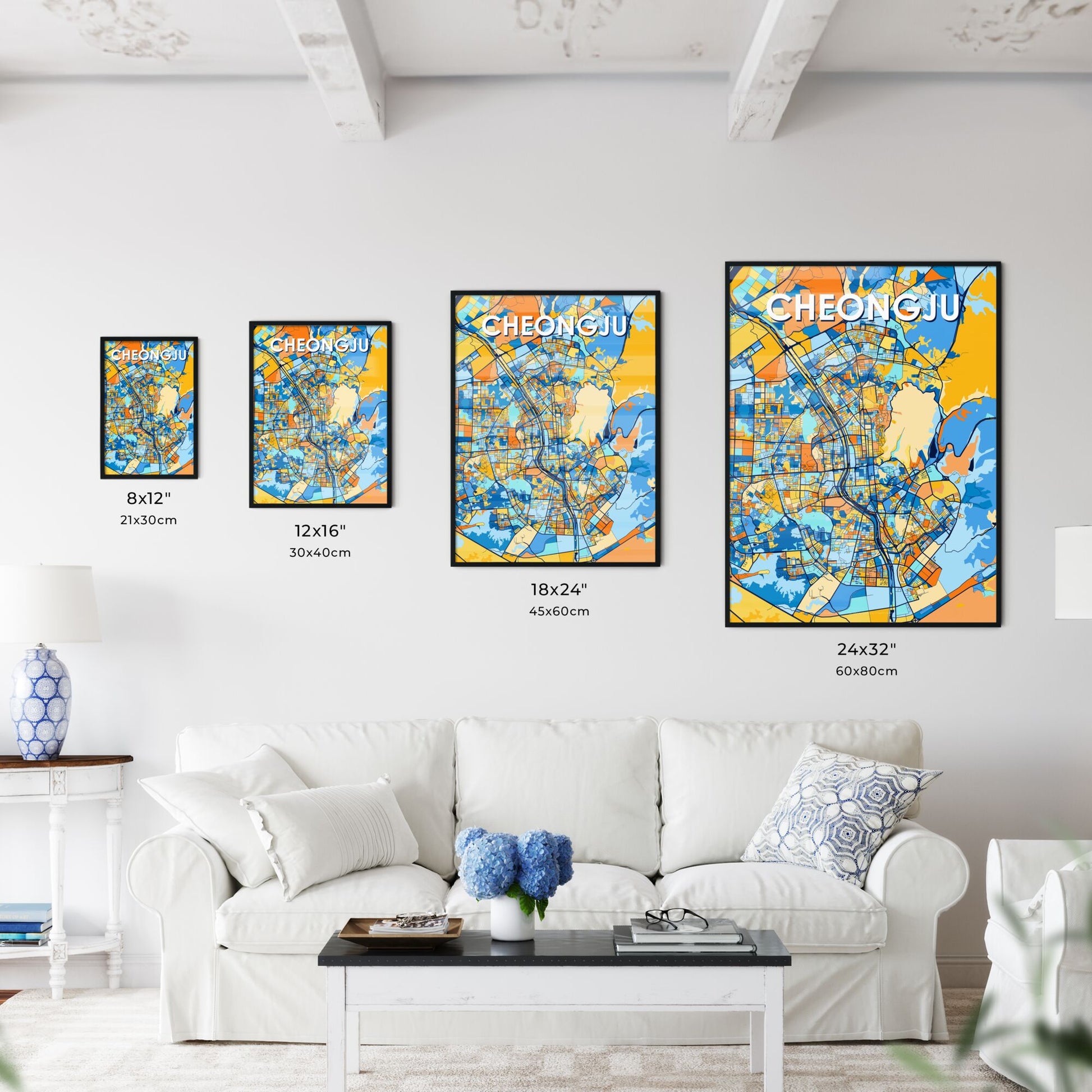 CHEONGJU SOUTH KOREA Vibrant Colorful Art Map Poster Blue Orange