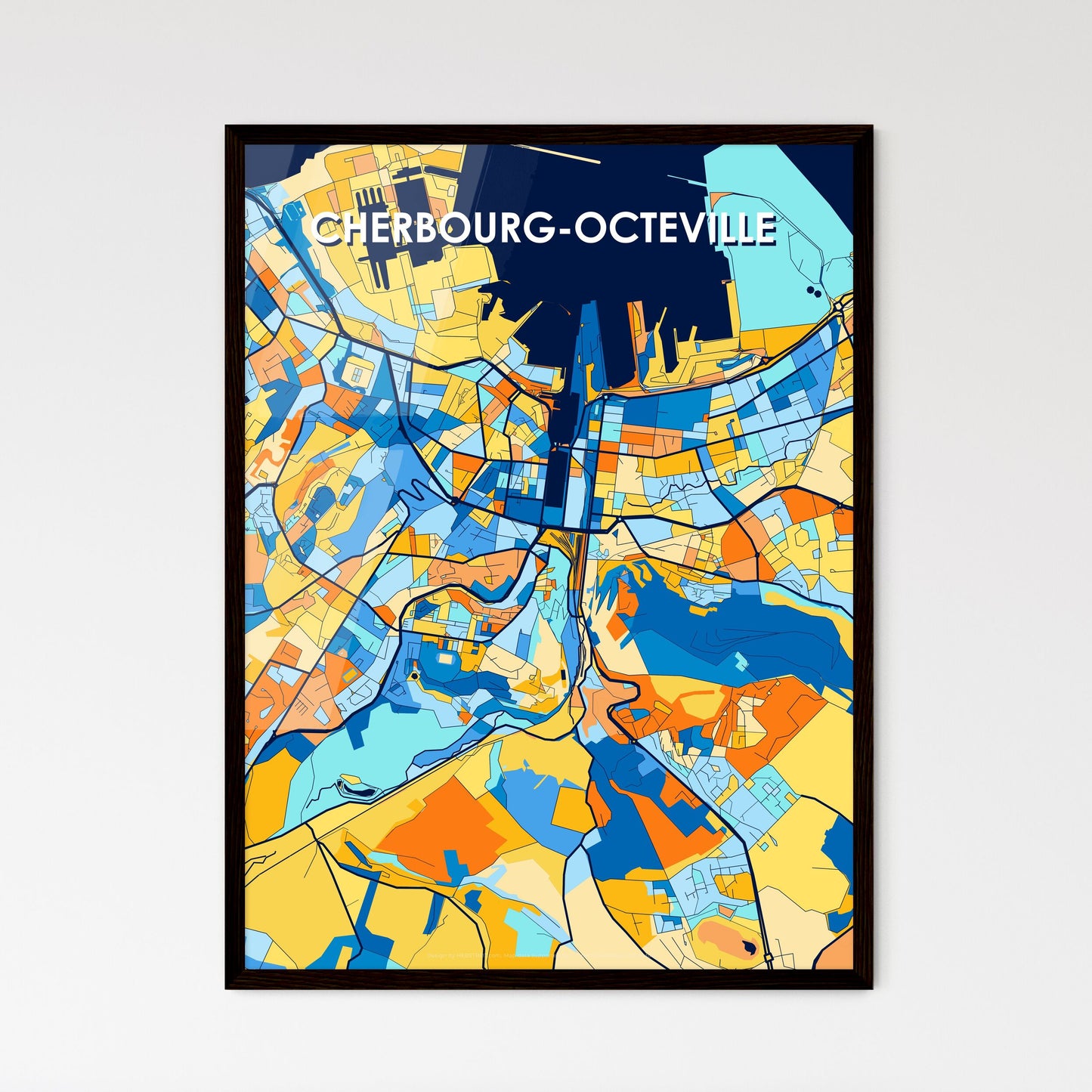 CHERBOURG-OCTEVILLE FRANCE Vibrant Colorful Art Map Poster Blue Orange