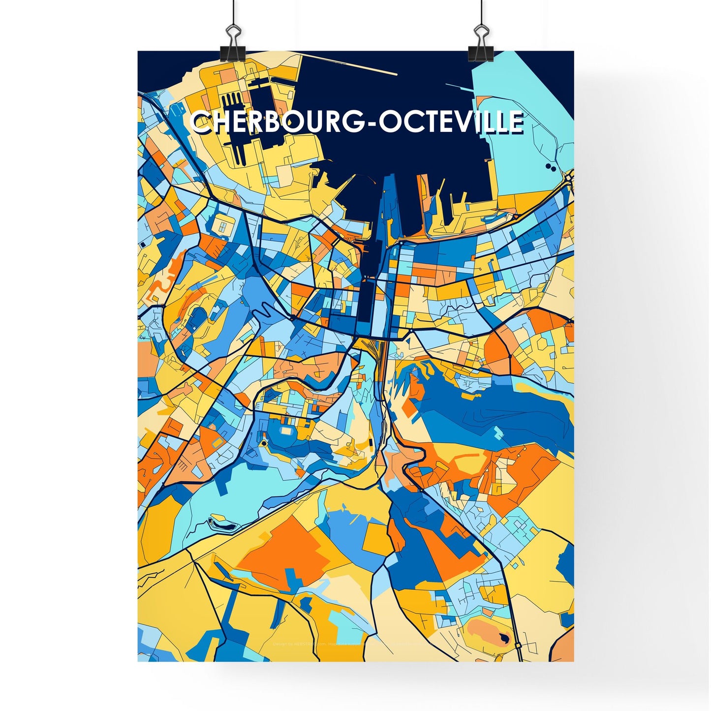 CHERBOURG-OCTEVILLE FRANCE Vibrant Colorful Art Map Poster Blue Orange