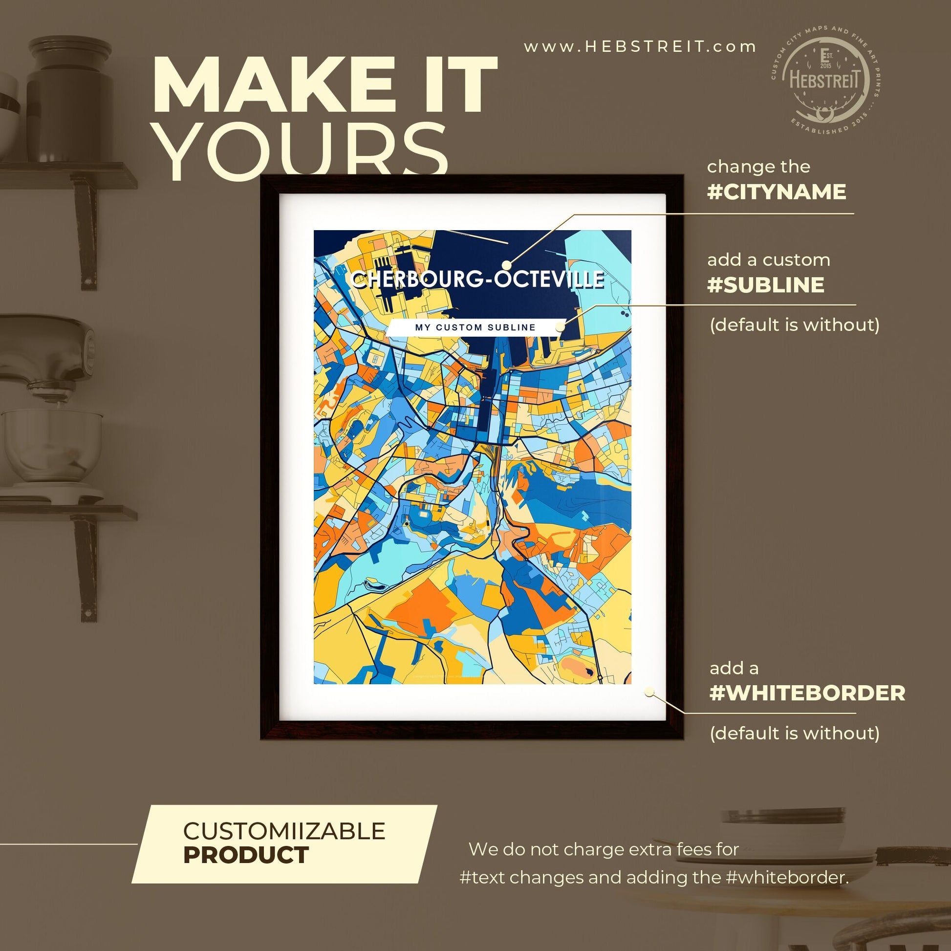 CHERBOURG-OCTEVILLE FRANCE Vibrant Colorful Art Map Poster Blue Orange