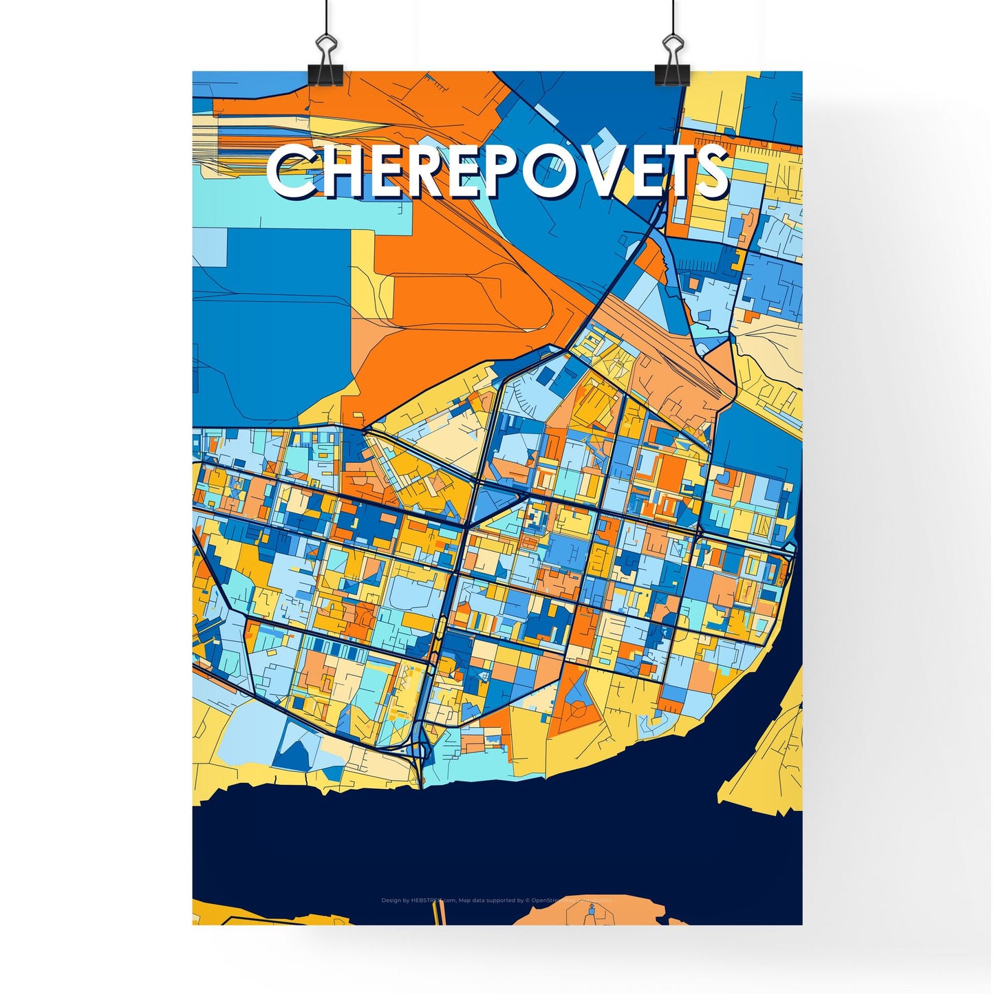 CHEREPOVETS RUSSIA Vibrant Colorful Art Map Poster Blue Orange